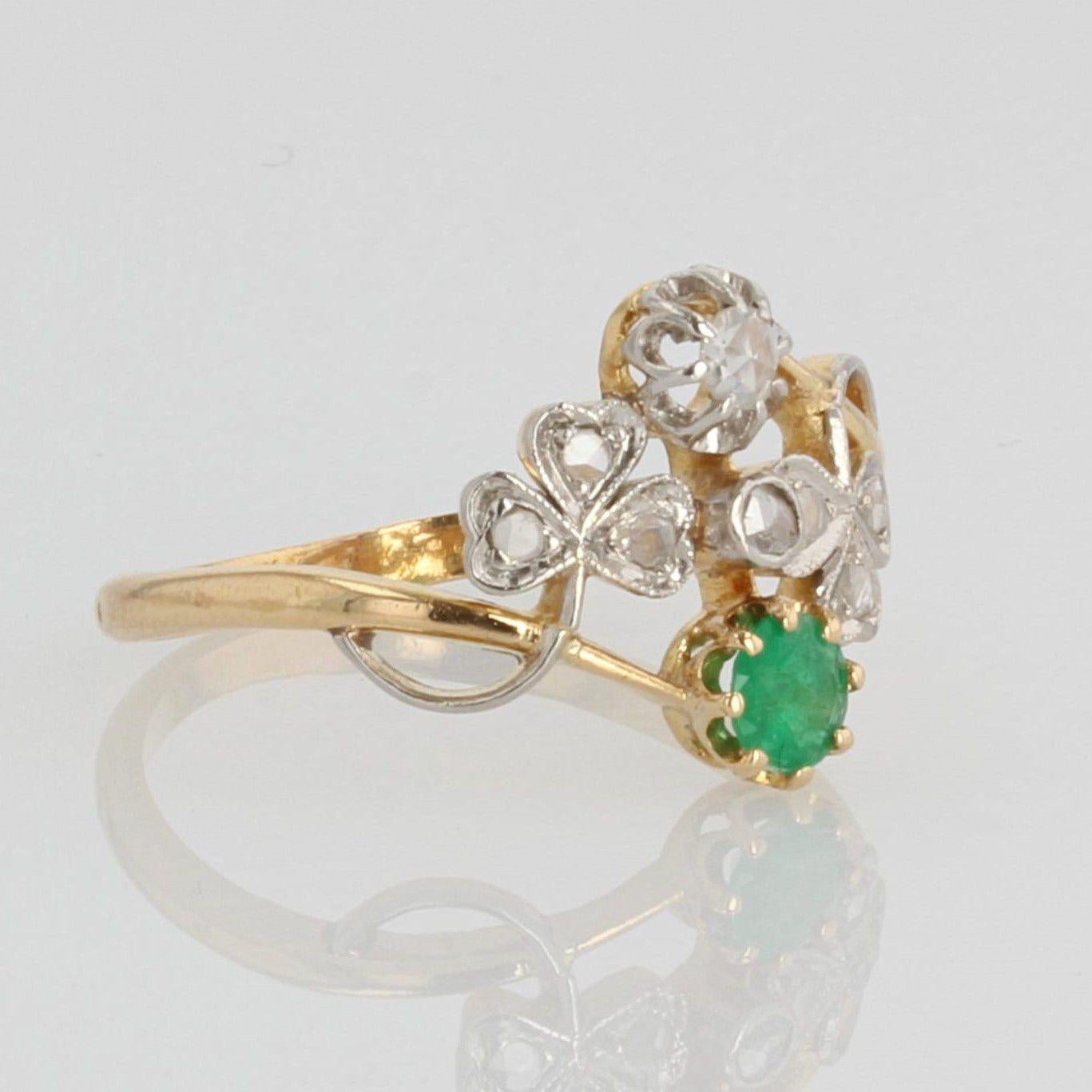 French 1900s Emerald Diamond 18 Karat Yellow Gold You and Me Ring 3