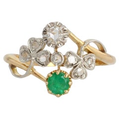 French 1900s Emerald Diamond 18 Karat Yellow Gold You and Me Ring