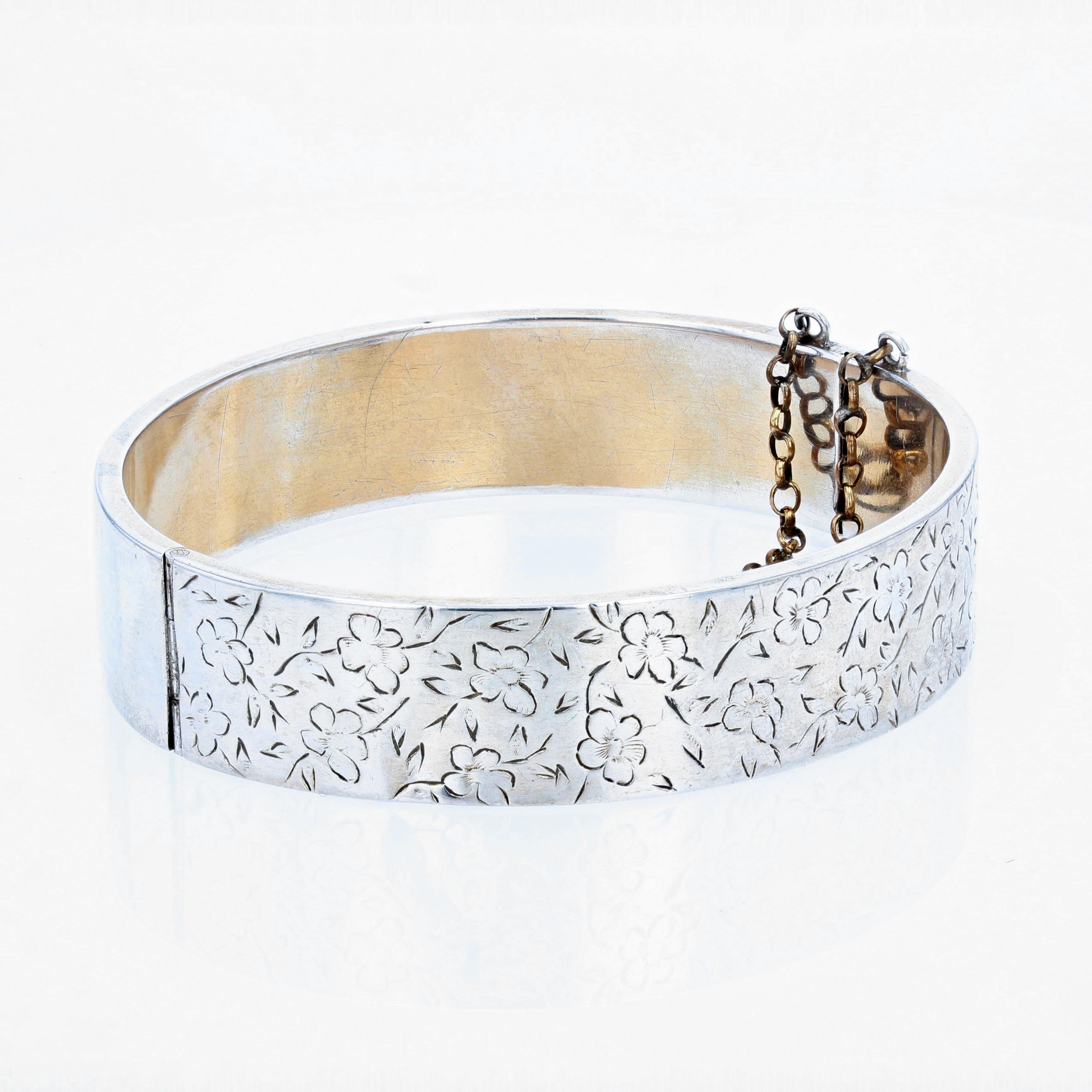 Belle Époque French 1900s Engraved Flowers Silver Bangle Bracelet