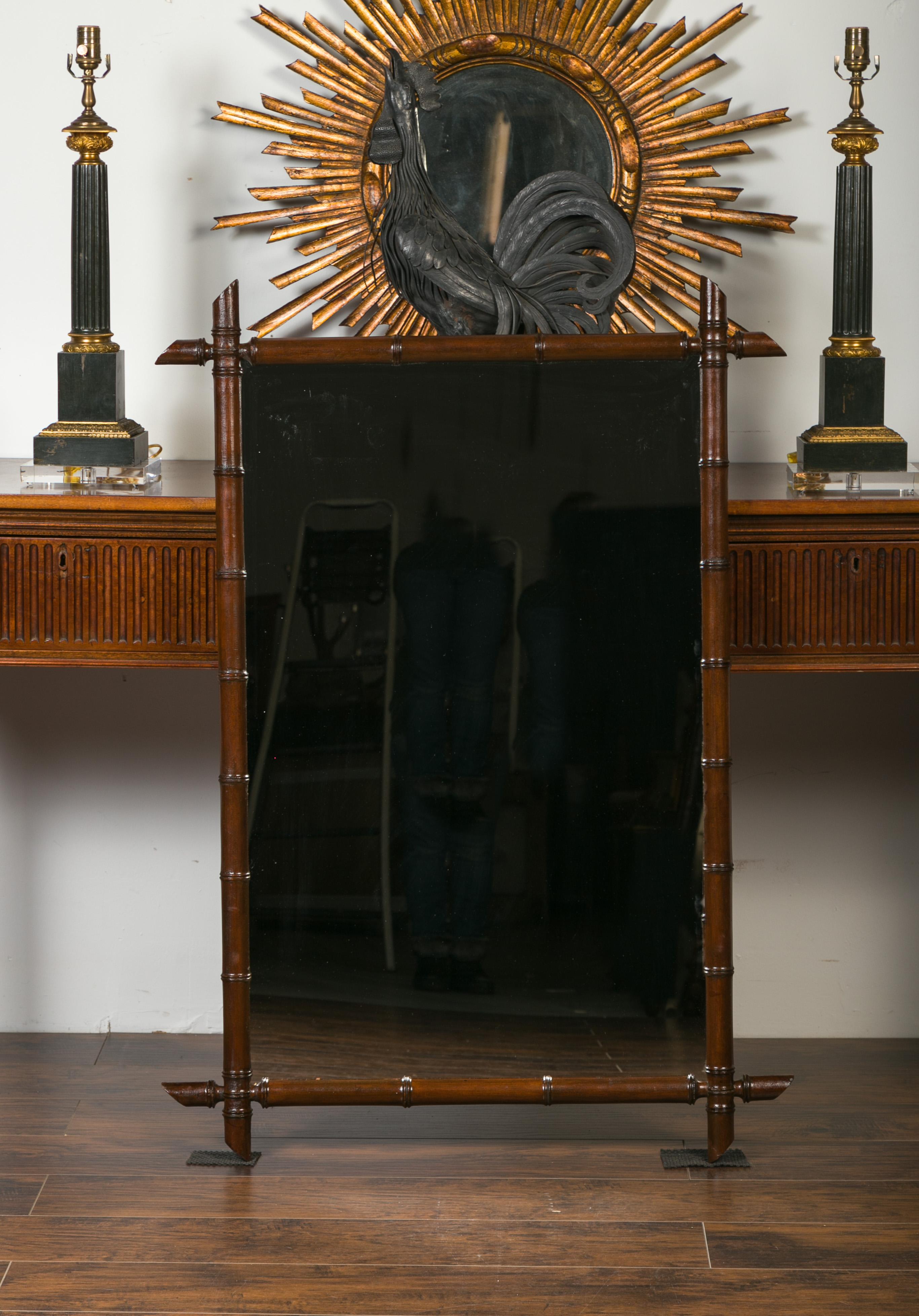 French 1900s Faux Bamboo Turn of the Century Mirror with Dark Brown Patina In Good Condition In Atlanta, GA