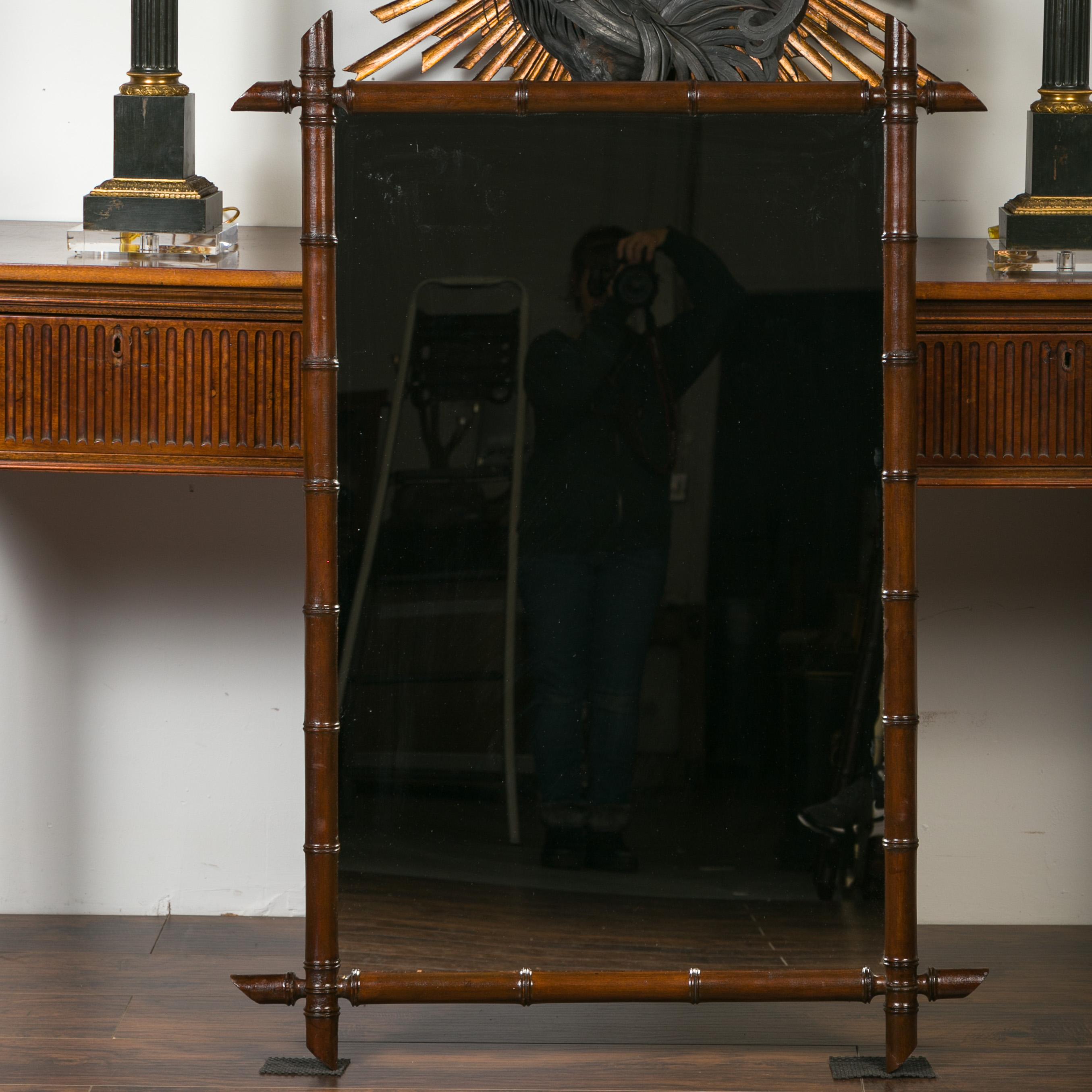 20th Century French 1900s Faux Bamboo Turn of the Century Mirror with Dark Brown Patina