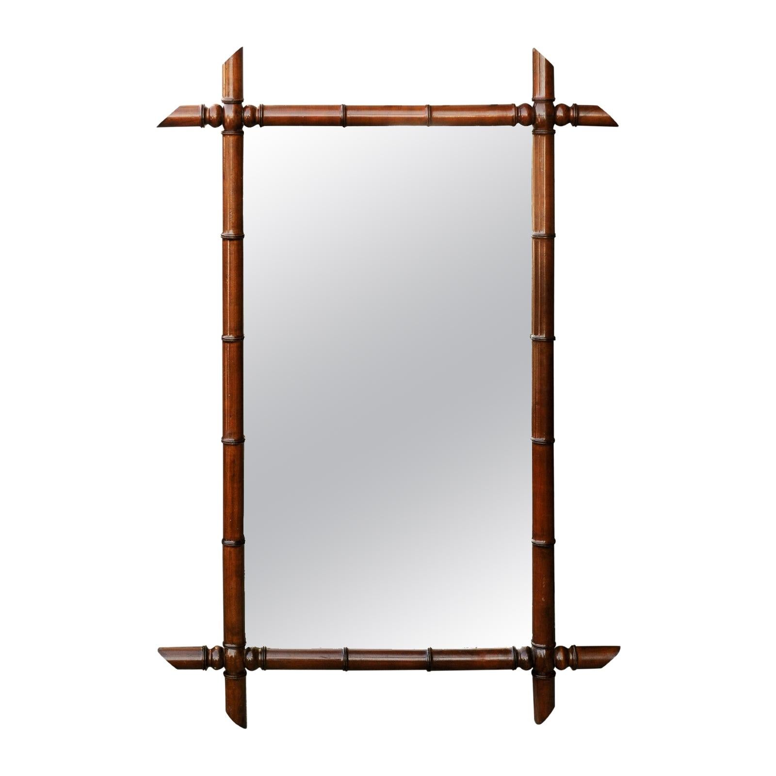 French 1900s Faux Bamboo Turn of the Century Mirror with Protruding Corners