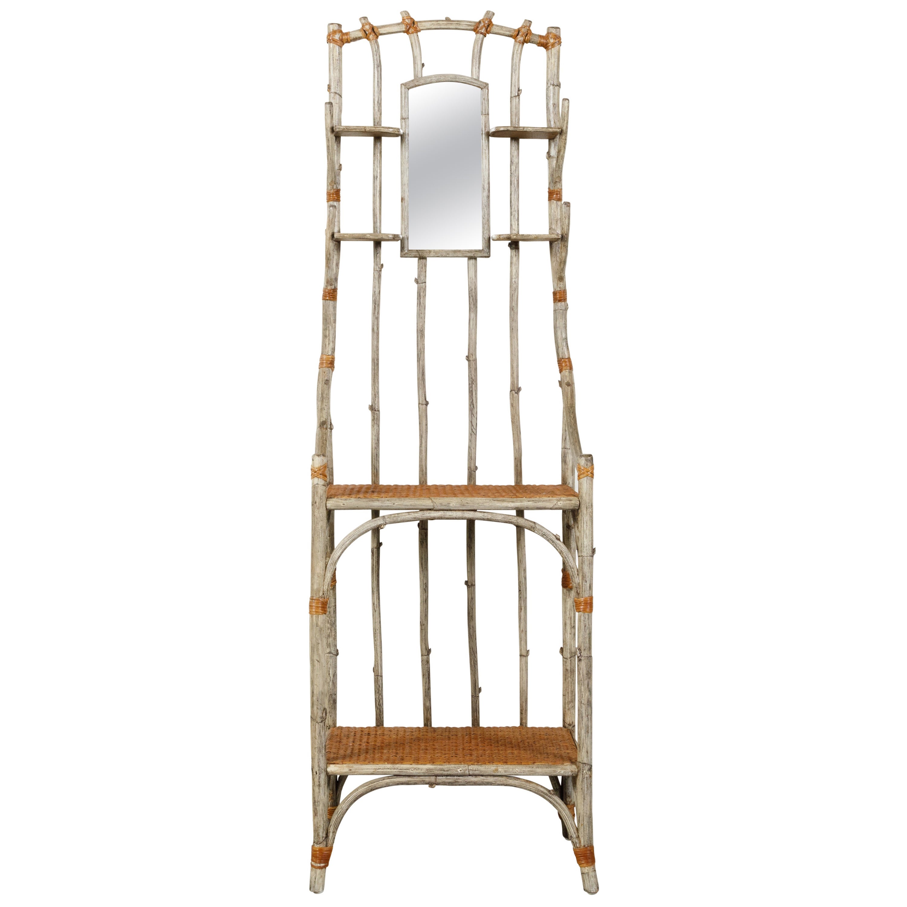 French 1900s Faux Bois Freestanding Hat Rack with Mirror and Rattan Shelves