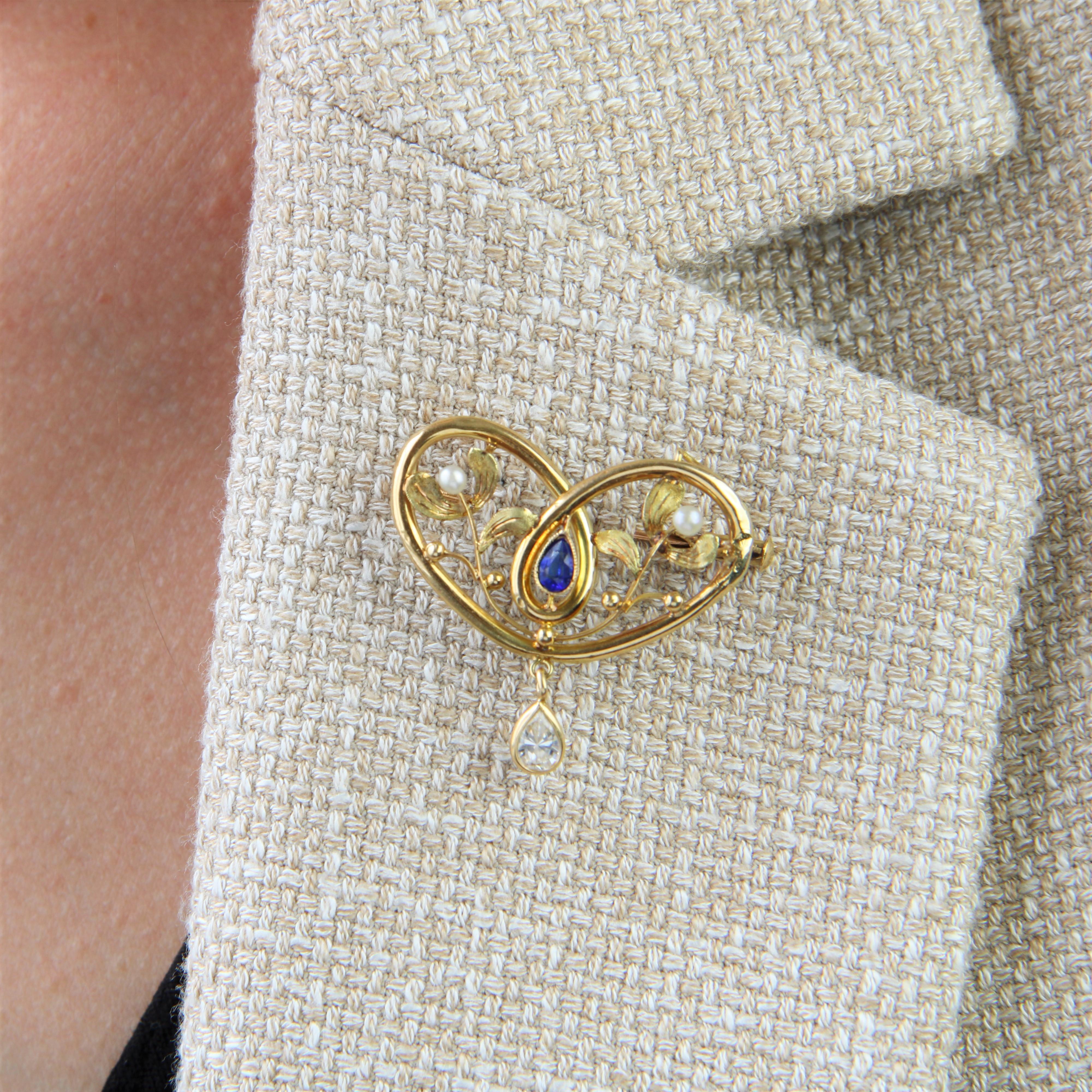 French 1900s Fine Pearl Blue Stone 18 Karat Yellow Gold Brooch Pendant In Good Condition In Poitiers, FR