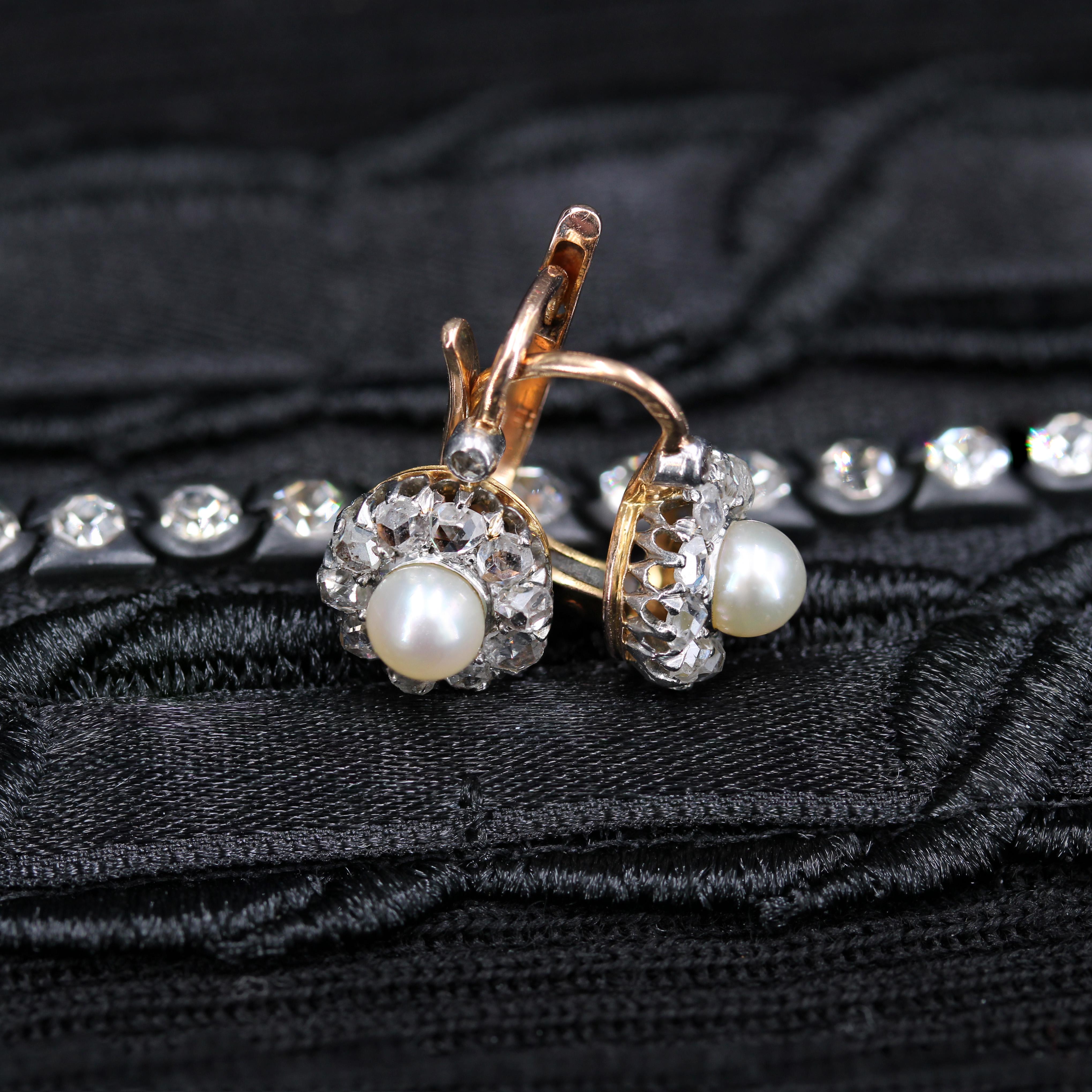 French 1900s Fine Pearl Diamonds 18 Karat Rose Gold Lever-Back Earrings 7