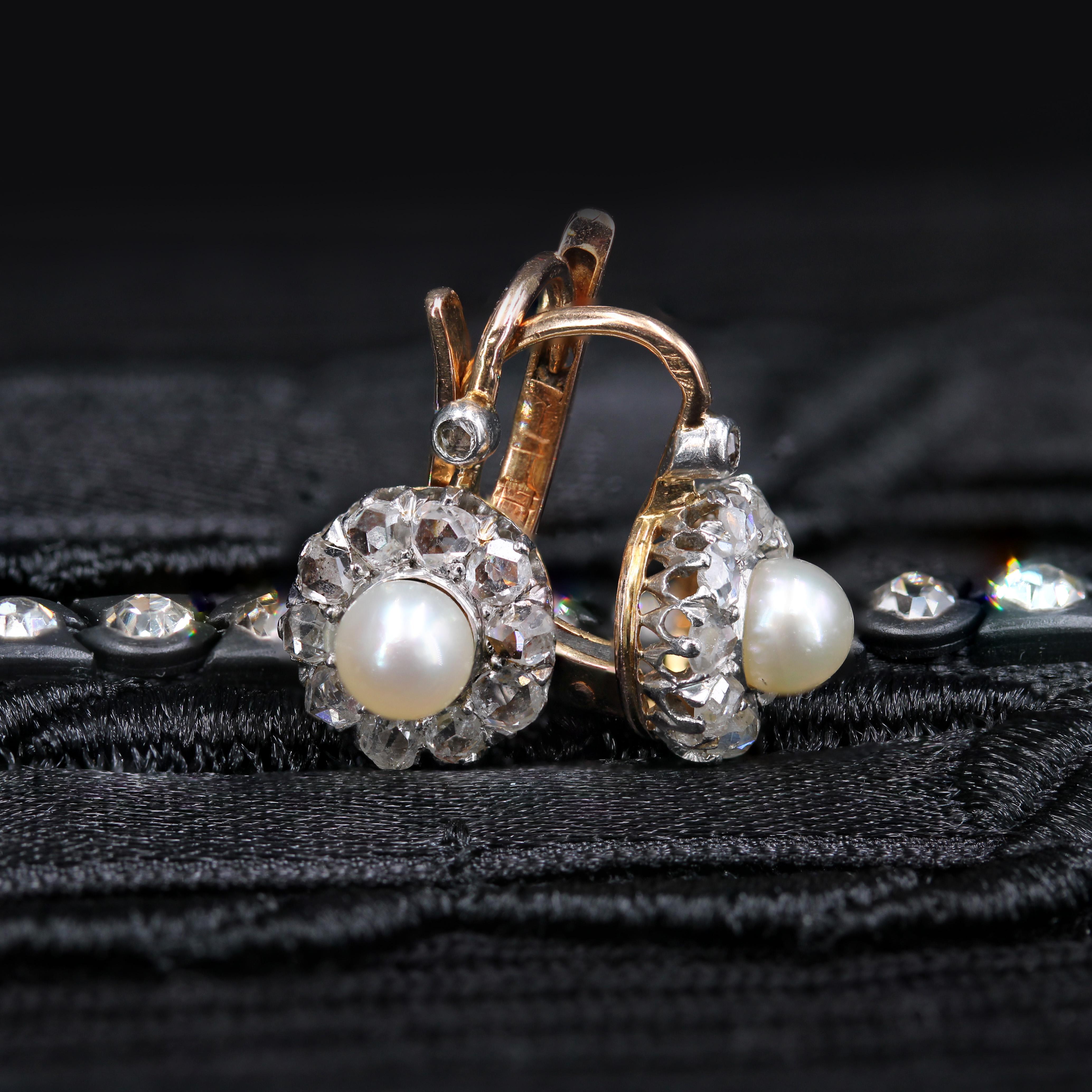 Belle Époque French 1900s Fine Pearl Diamonds 18 Karat Rose Gold Lever-Back Earrings