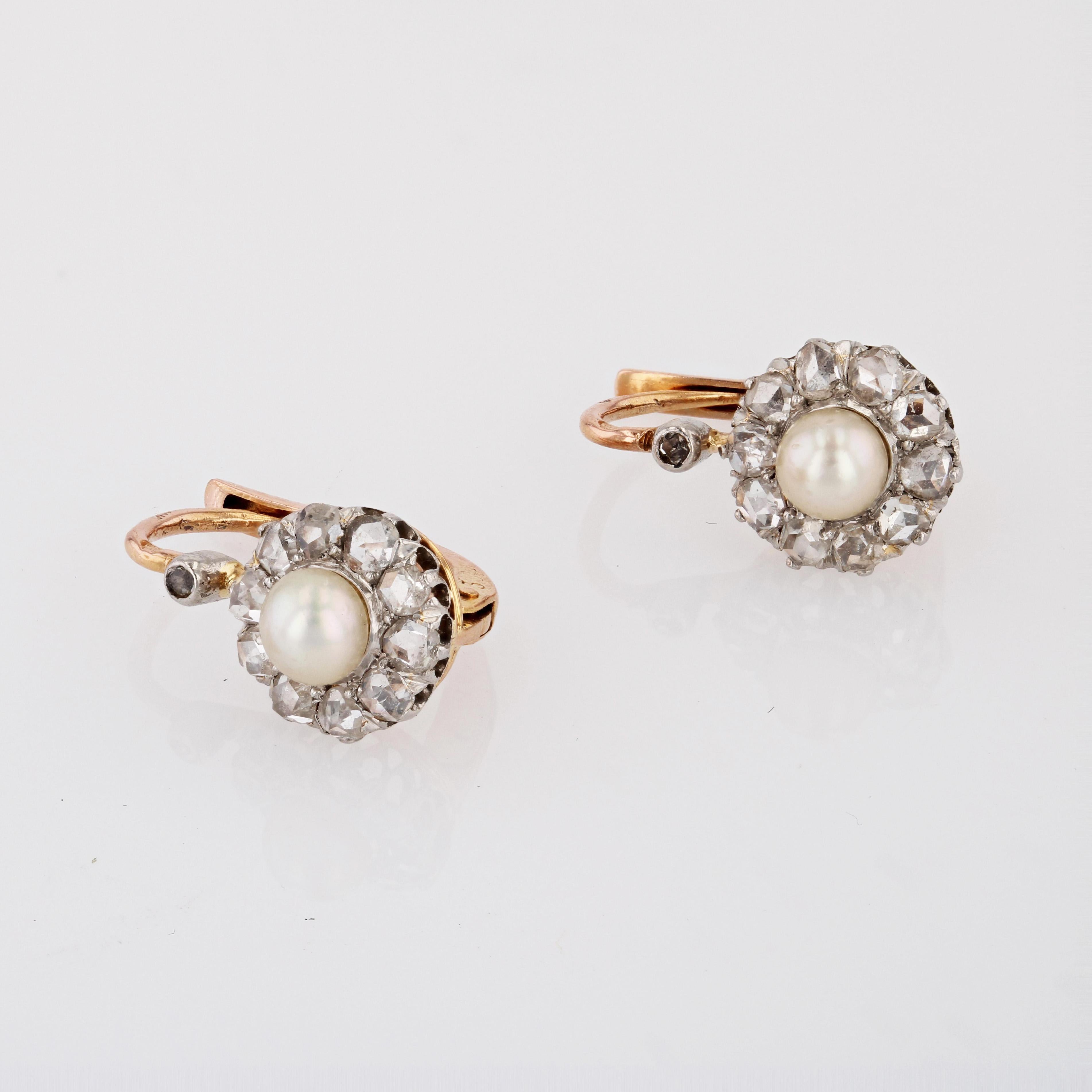 Rose Cut French 1900s Fine Pearl Diamonds 18 Karat Rose Gold Lever-Back Earrings