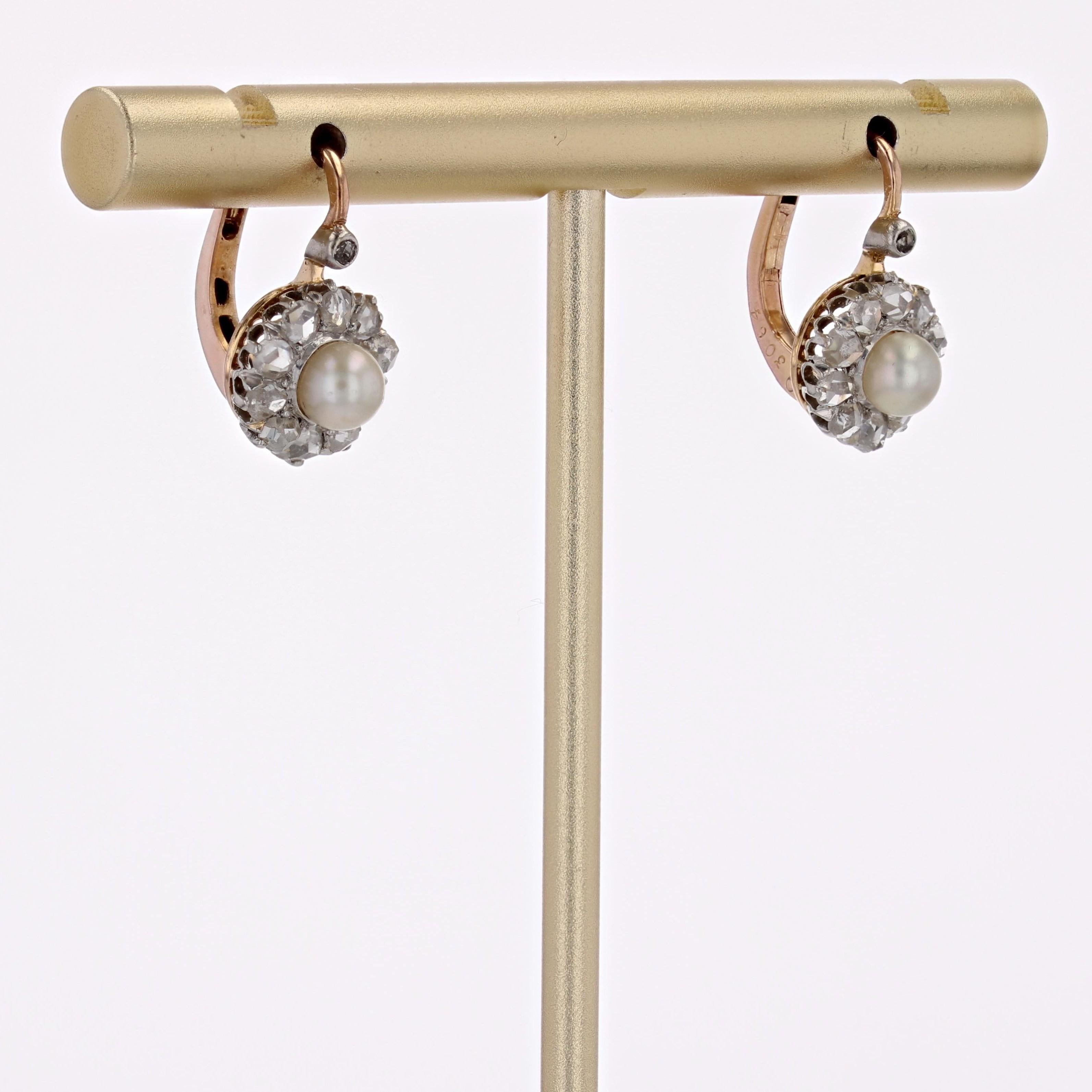 Women's French 1900s Fine Pearl Diamonds 18 Karat Rose Gold Lever-Back Earrings