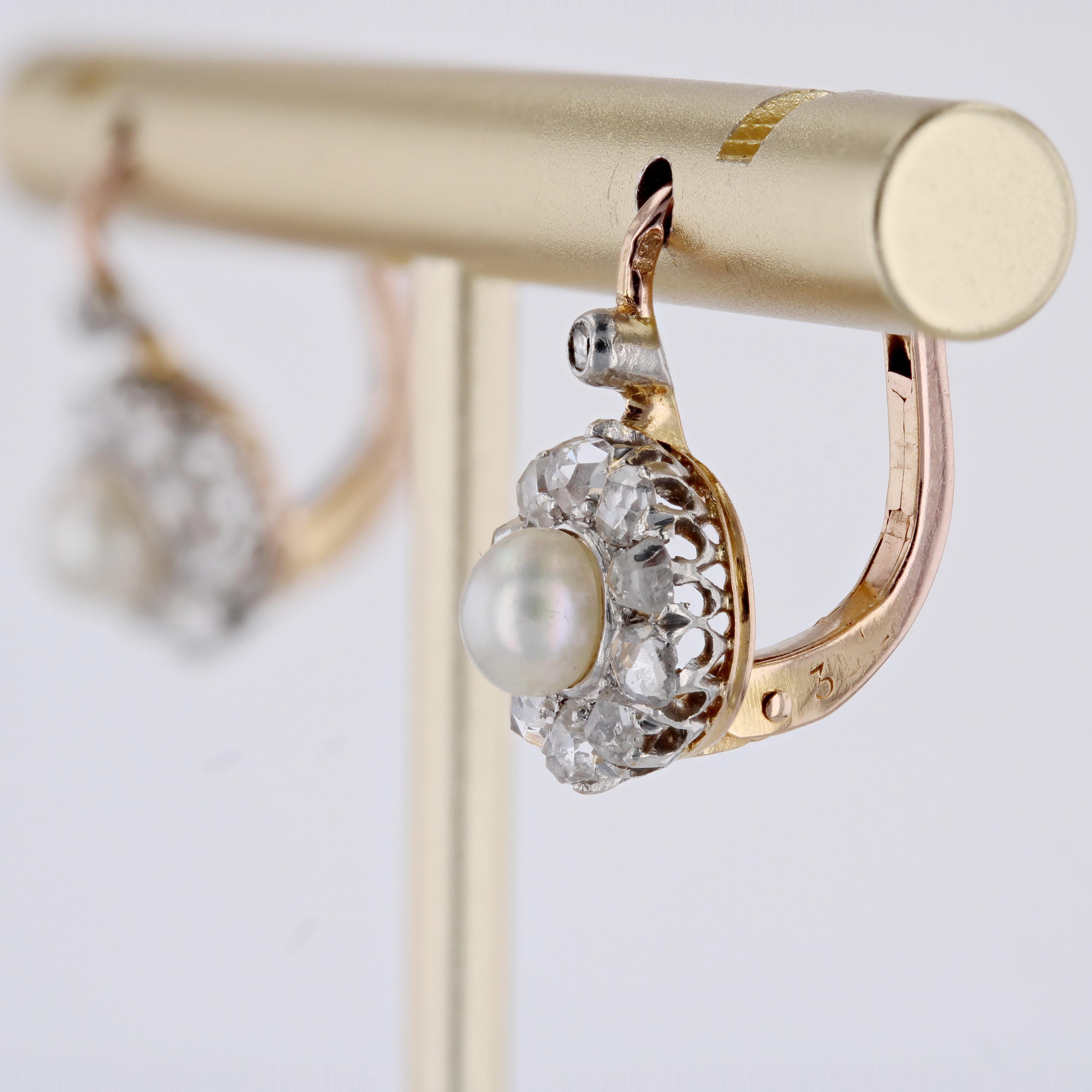 French 1900s Fine Pearl Diamonds 18 Karat Rose Gold Lever-Back Earrings 1
