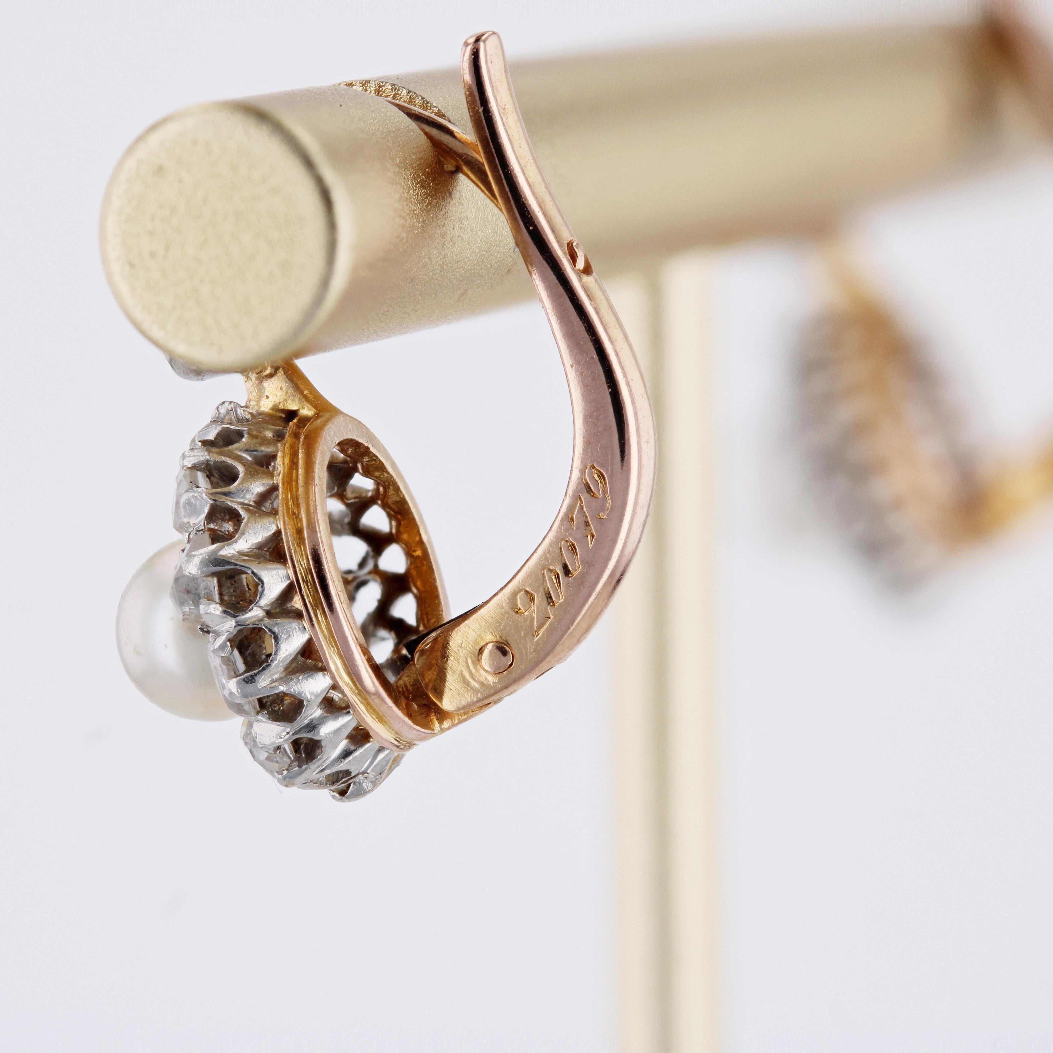 French 1900s Fine Pearl Diamonds 18 Karat Rose Gold Lever-Back Earrings 2