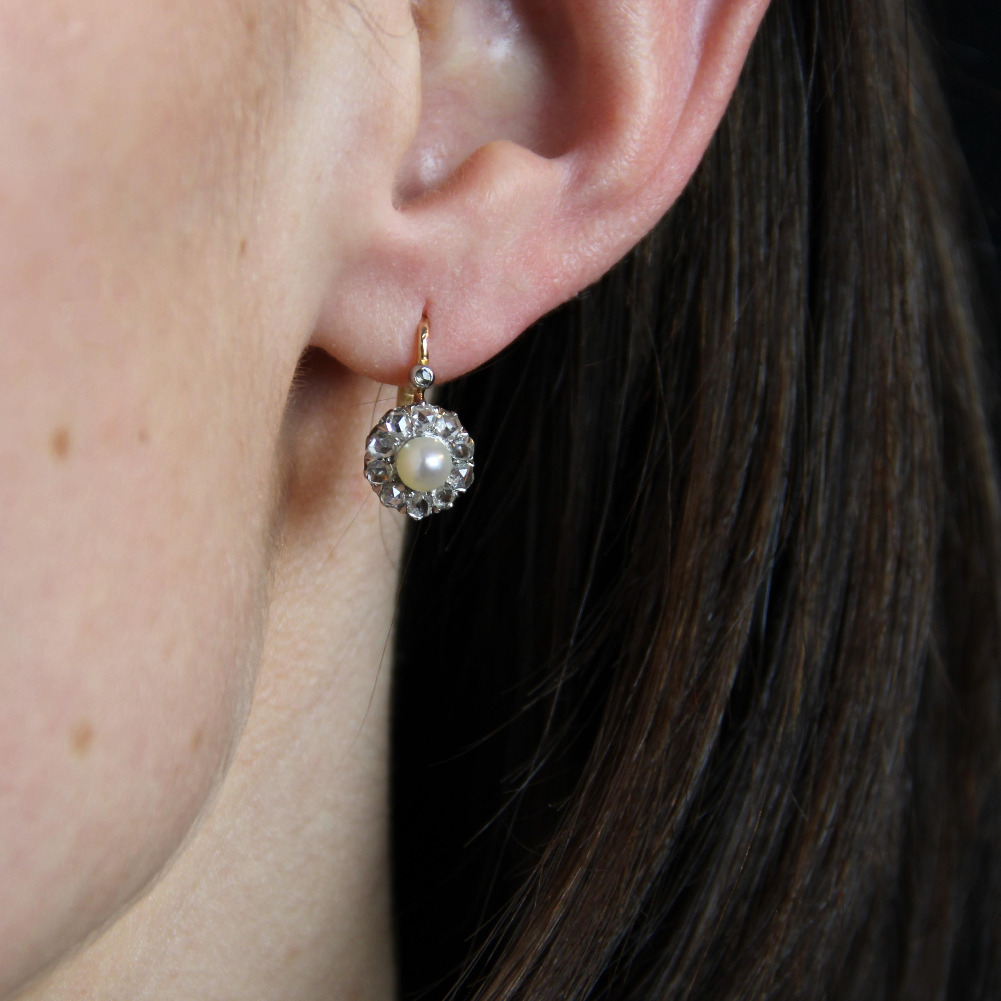 French 1900s Fine Pearl Diamonds 18 Karat Rose Gold Lever-Back Earrings 3