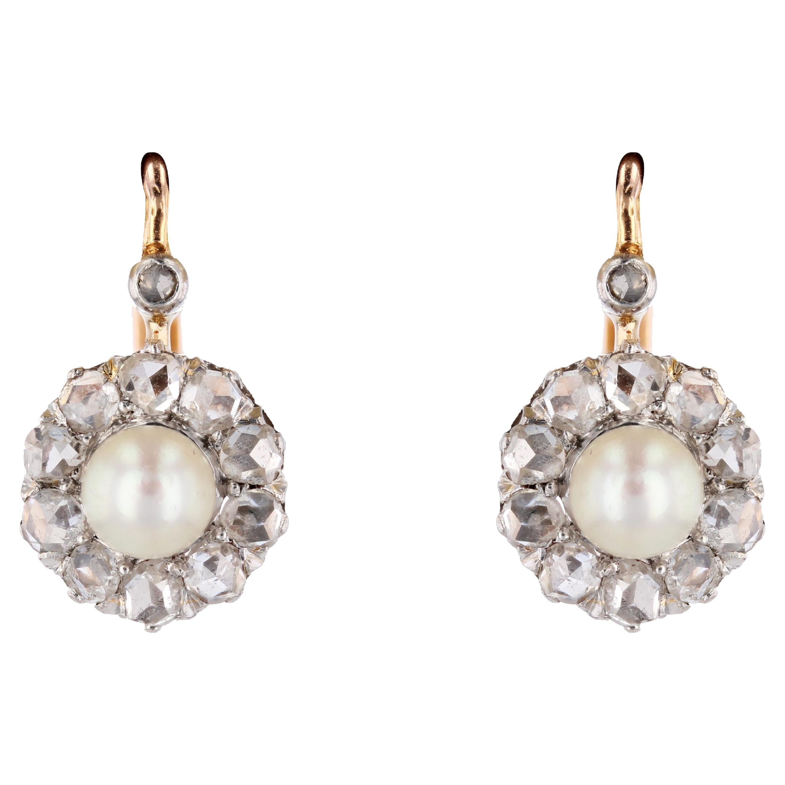 French 1900s Fine Pearl Diamonds 18 Karat Rose Gold Lever-Back Earrings