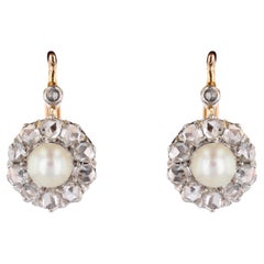 French 1900s Fine Pearl Diamonds 18 Karat Rose Gold Lever-Back Earrings
