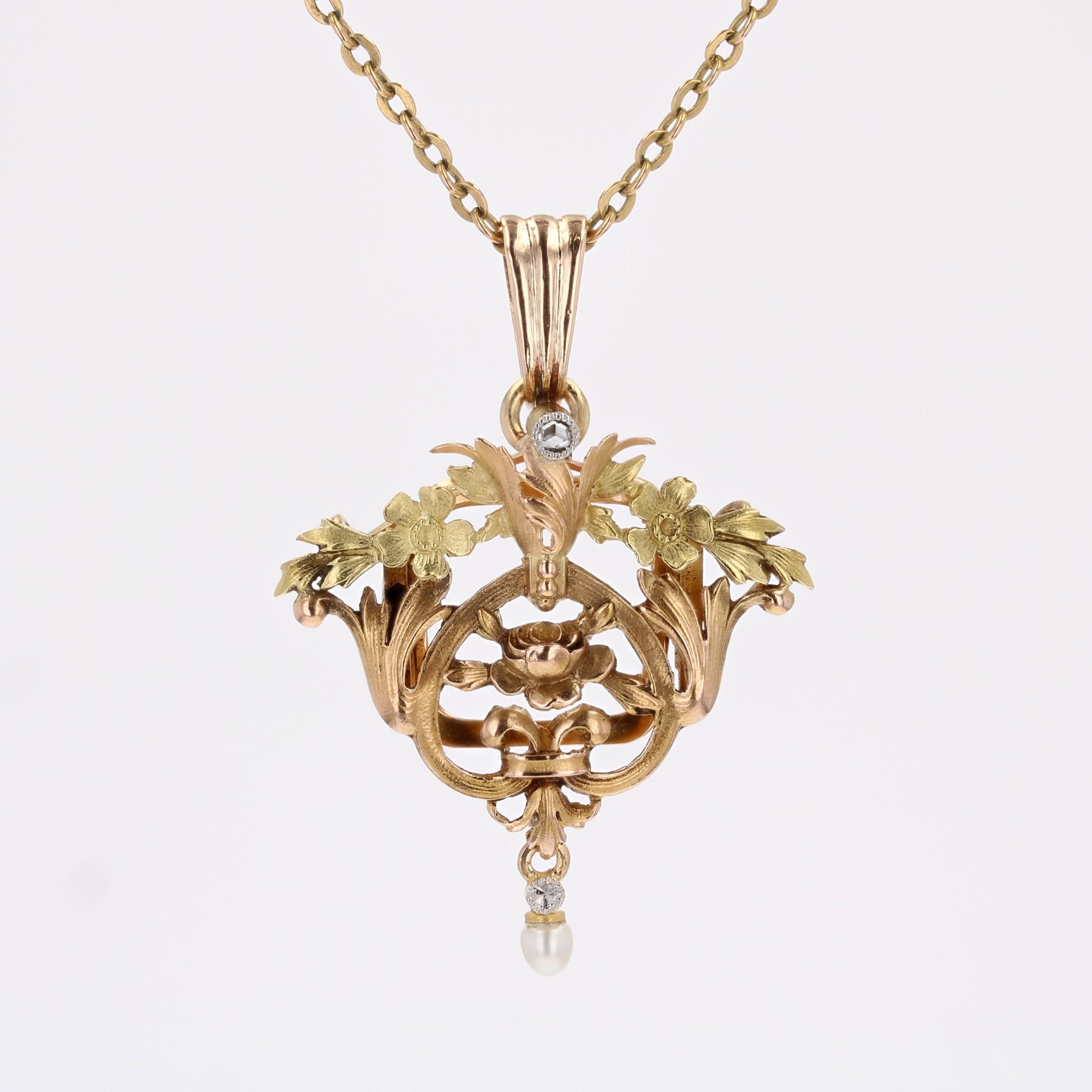 Ciondolo francese del 1900 con perle e diamanti in oro rosa 18 carati in vendita 6