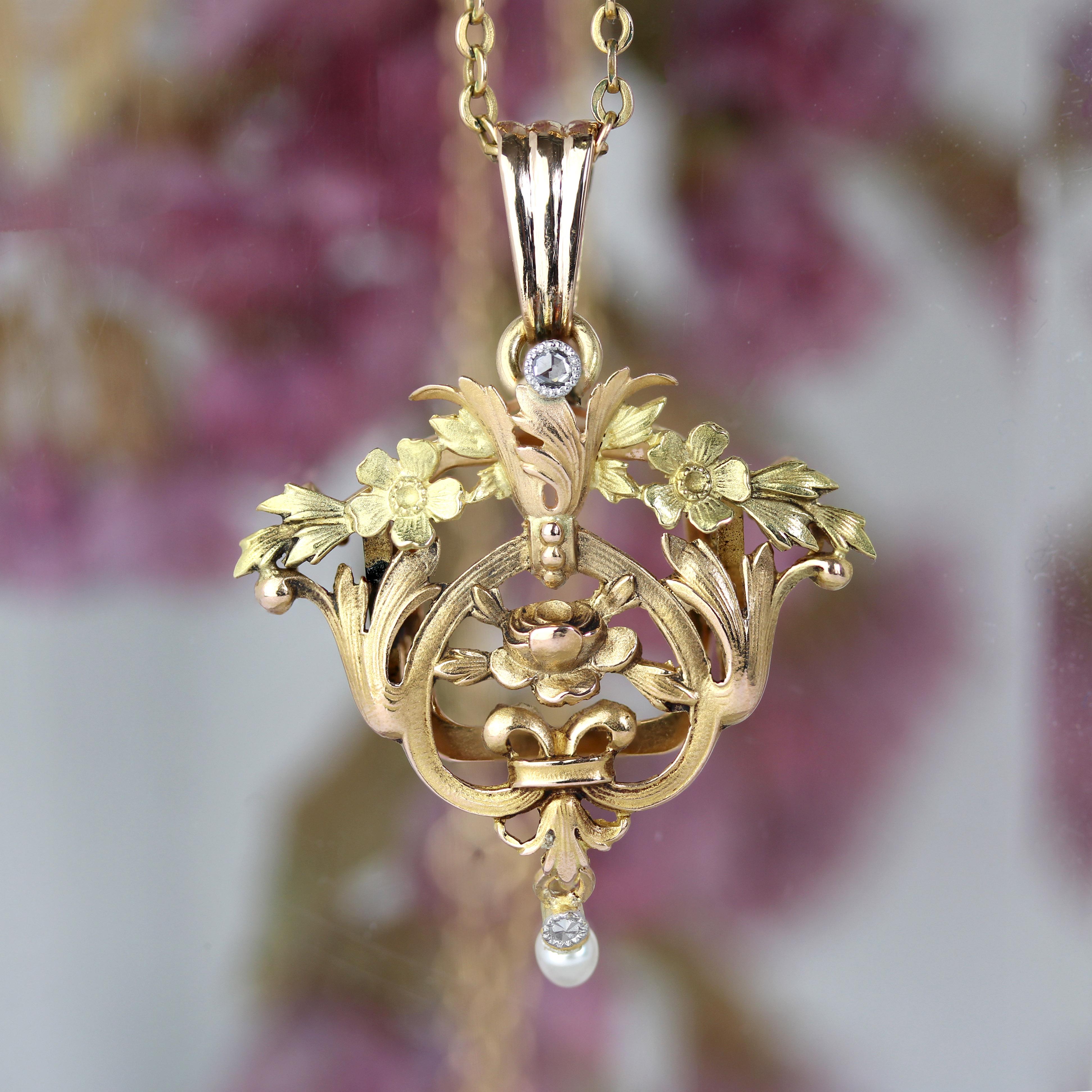 Belle Époque Ciondolo francese del 1900 con perle e diamanti in oro rosa 18 carati in vendita