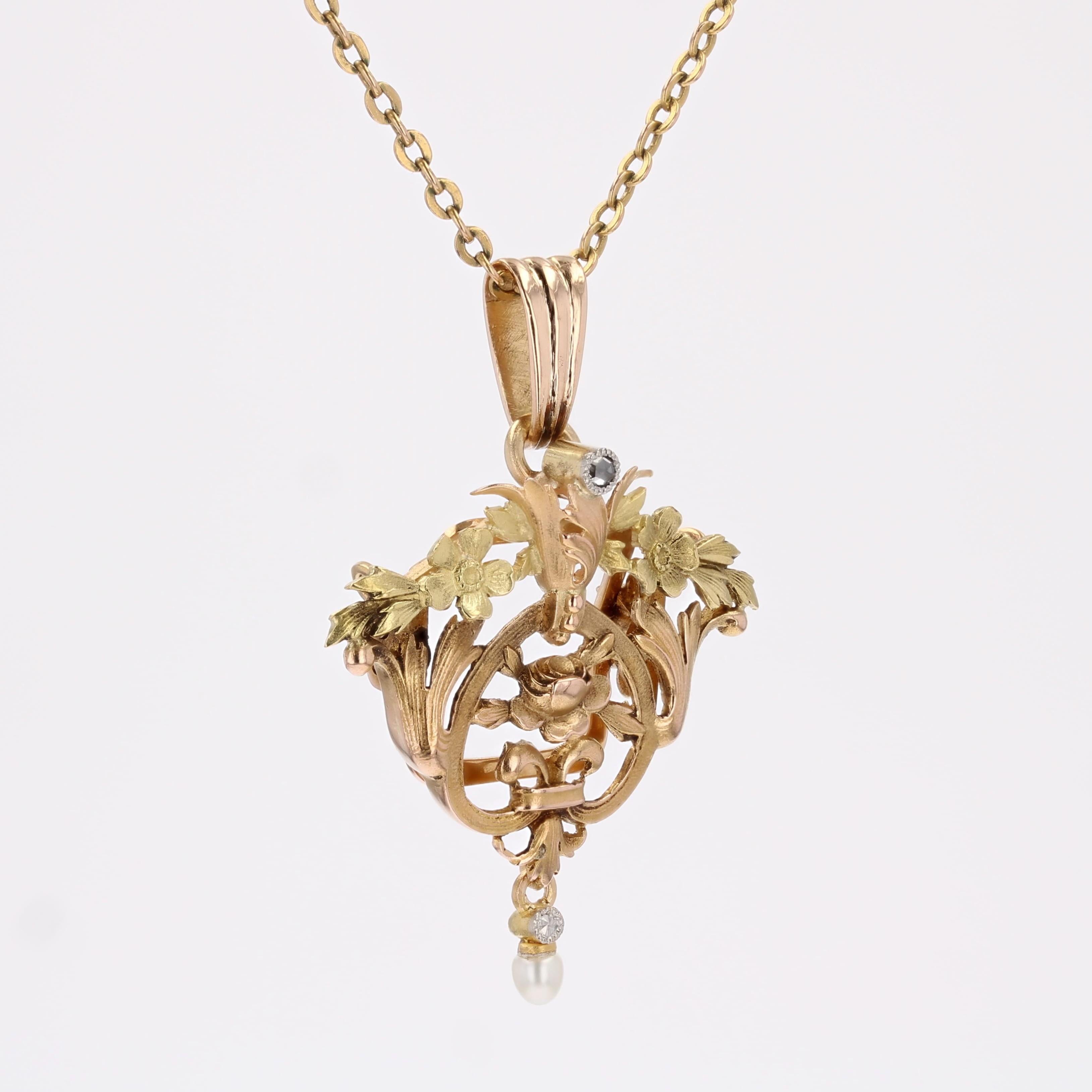 Taglio rotondo Ciondolo francese del 1900 con perle e diamanti in oro rosa 18 carati in vendita