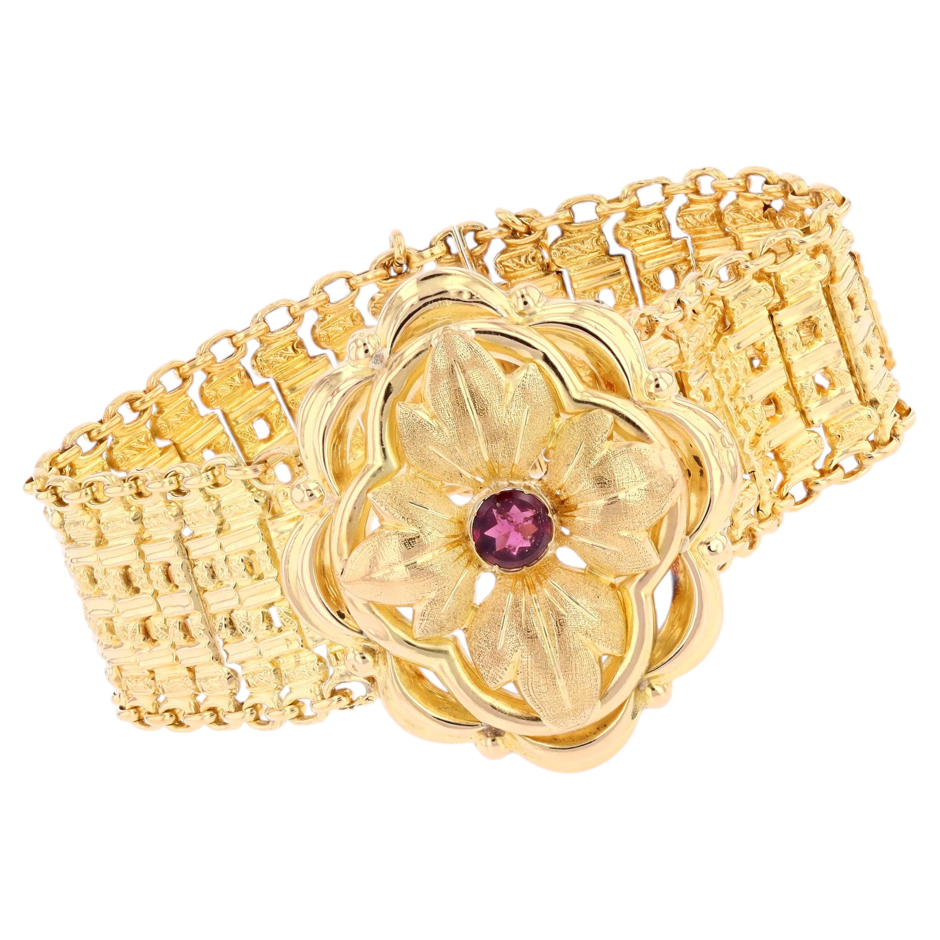 Antique French 18K Yellow Gold Garnet Bracelet, Early 20th Century