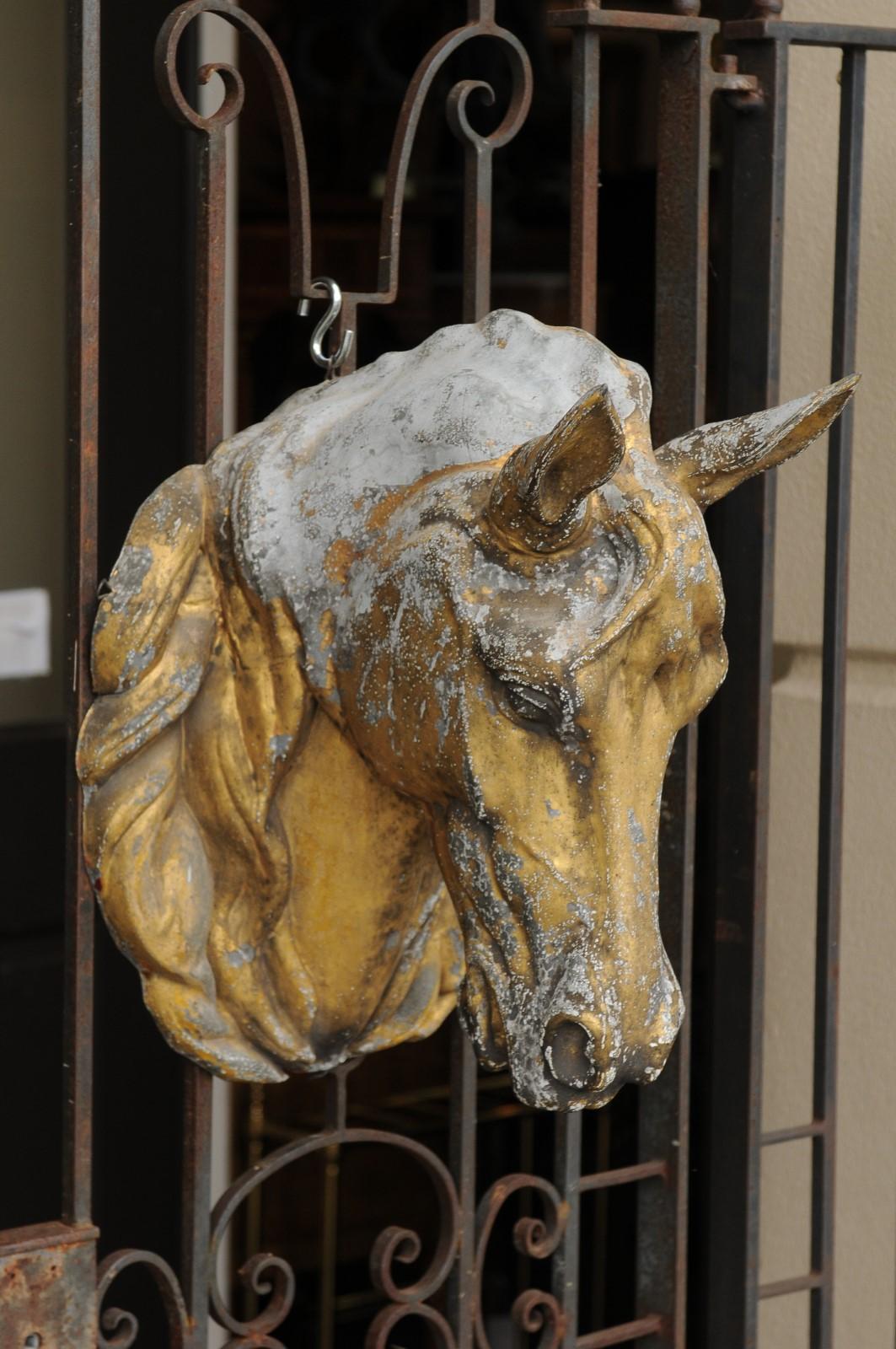 French 1900s Gilt Zinc Horse Head Wall Decoration from the Belle Époque Era In Good Condition In Atlanta, GA