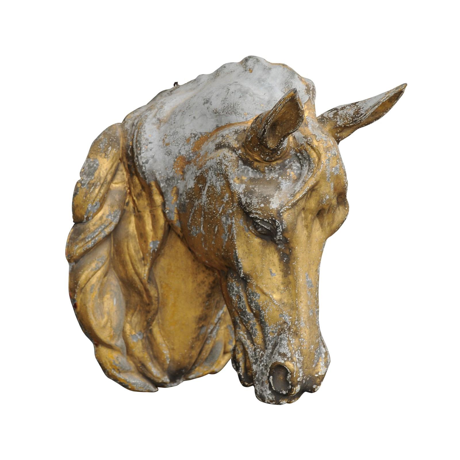 French 1900s Gilt Zinc Horse Head Wall Decoration from the Belle Époque Era