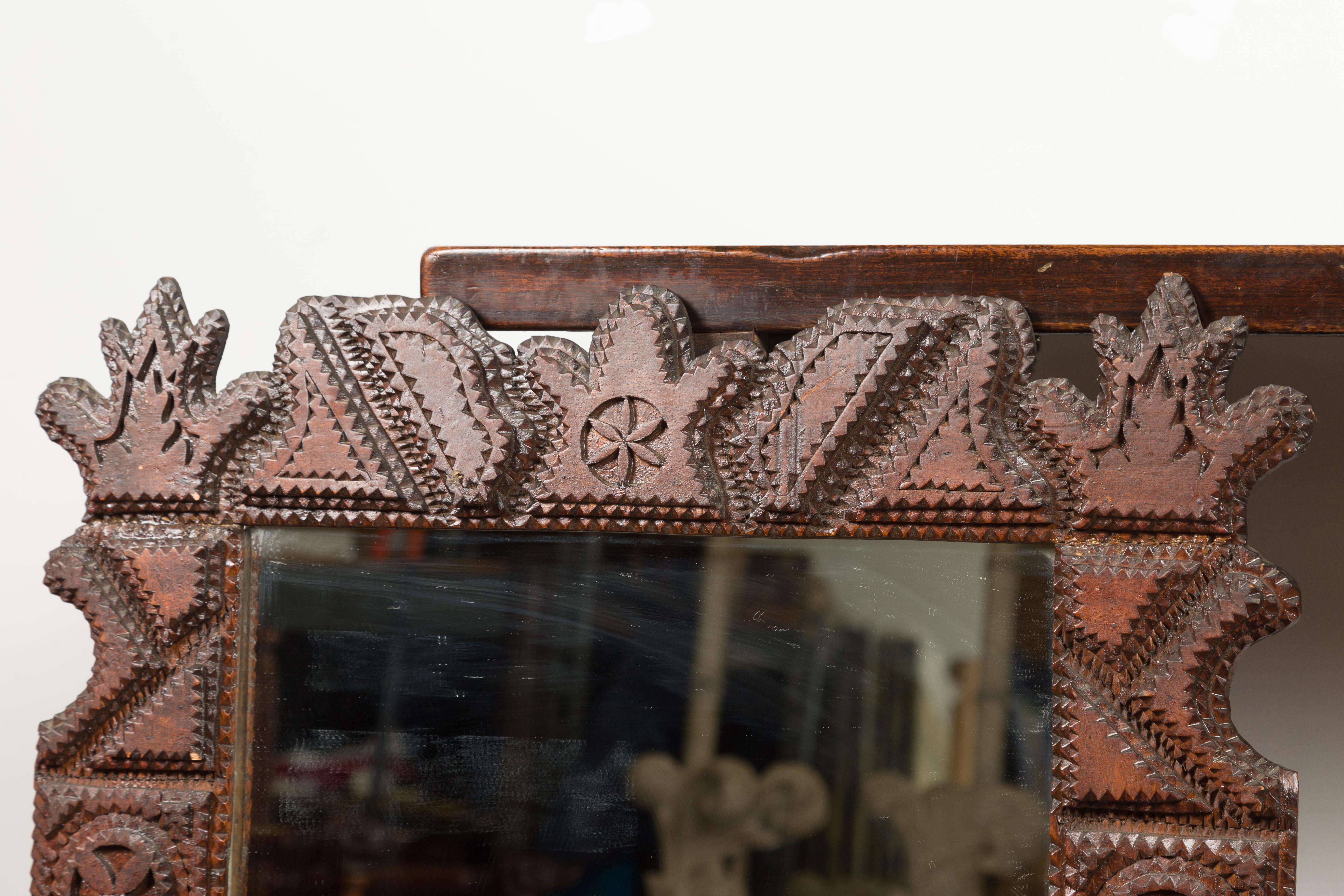 French 1900s Hand Carved Tramp Art Mirror with Geometric Motifs 6