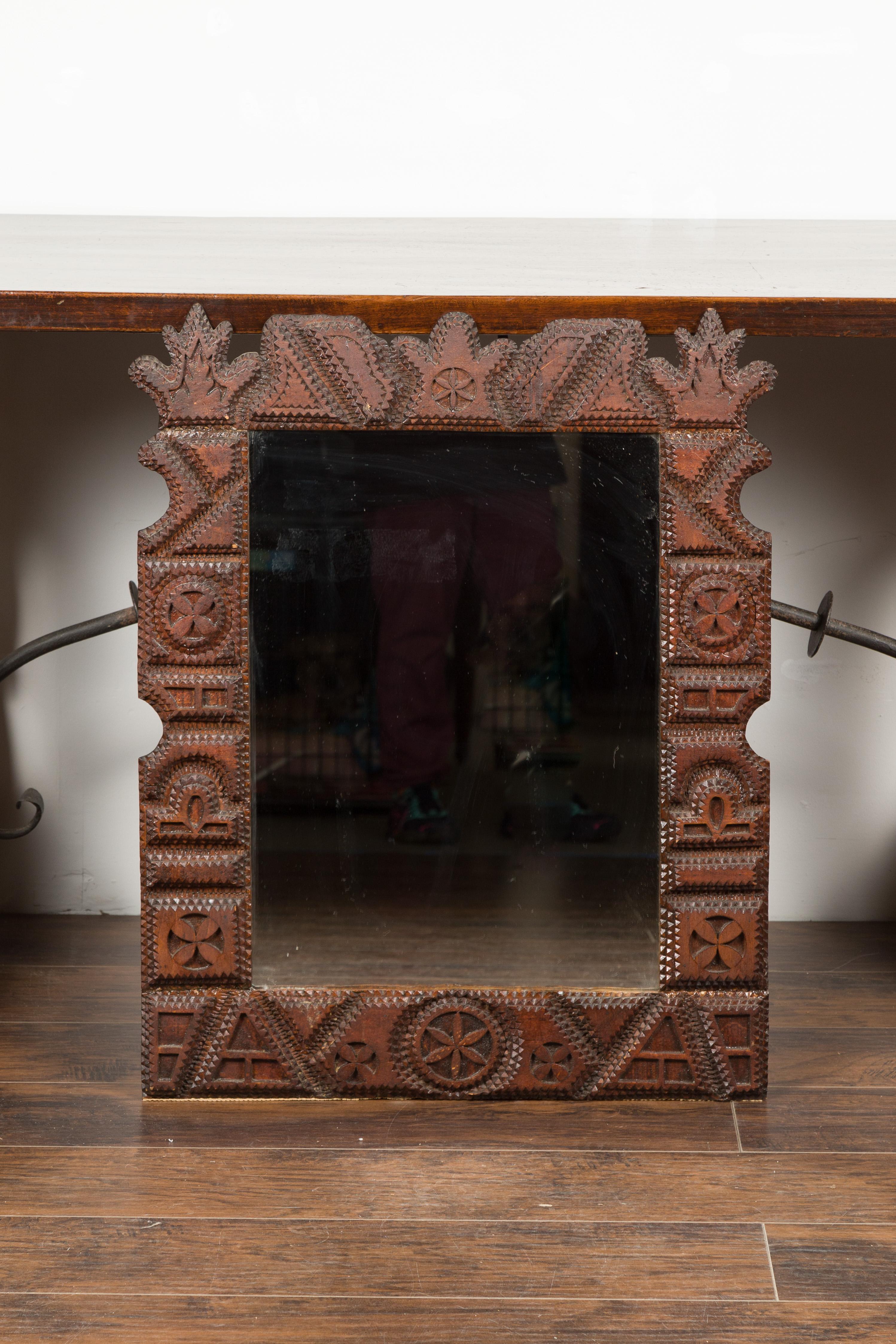 Folk Art French 1900s Hand Carved Tramp Art Mirror with Geometric Motifs