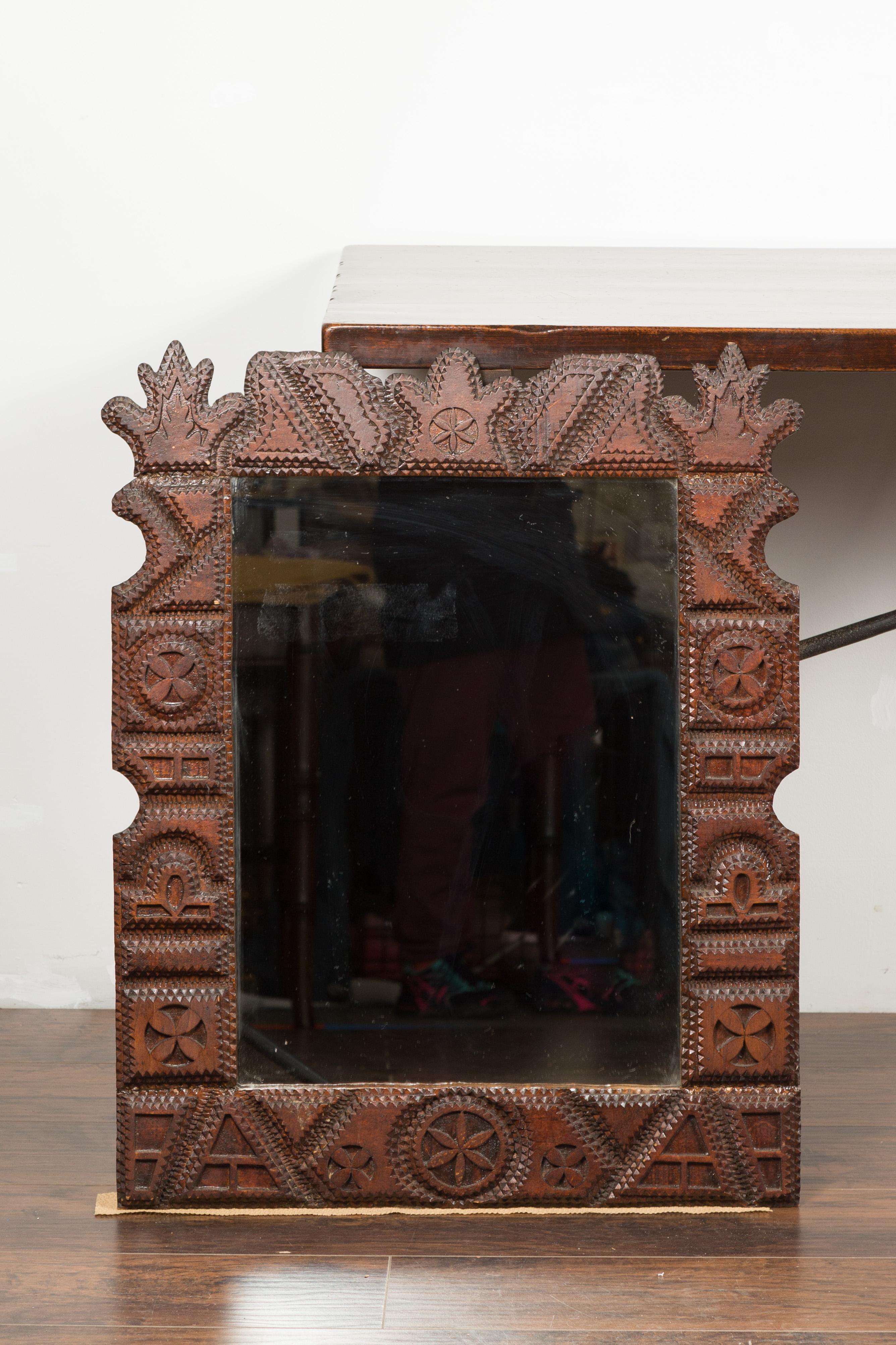 Hand-Carved French 1900s Hand Carved Tramp Art Mirror with Geometric Motifs