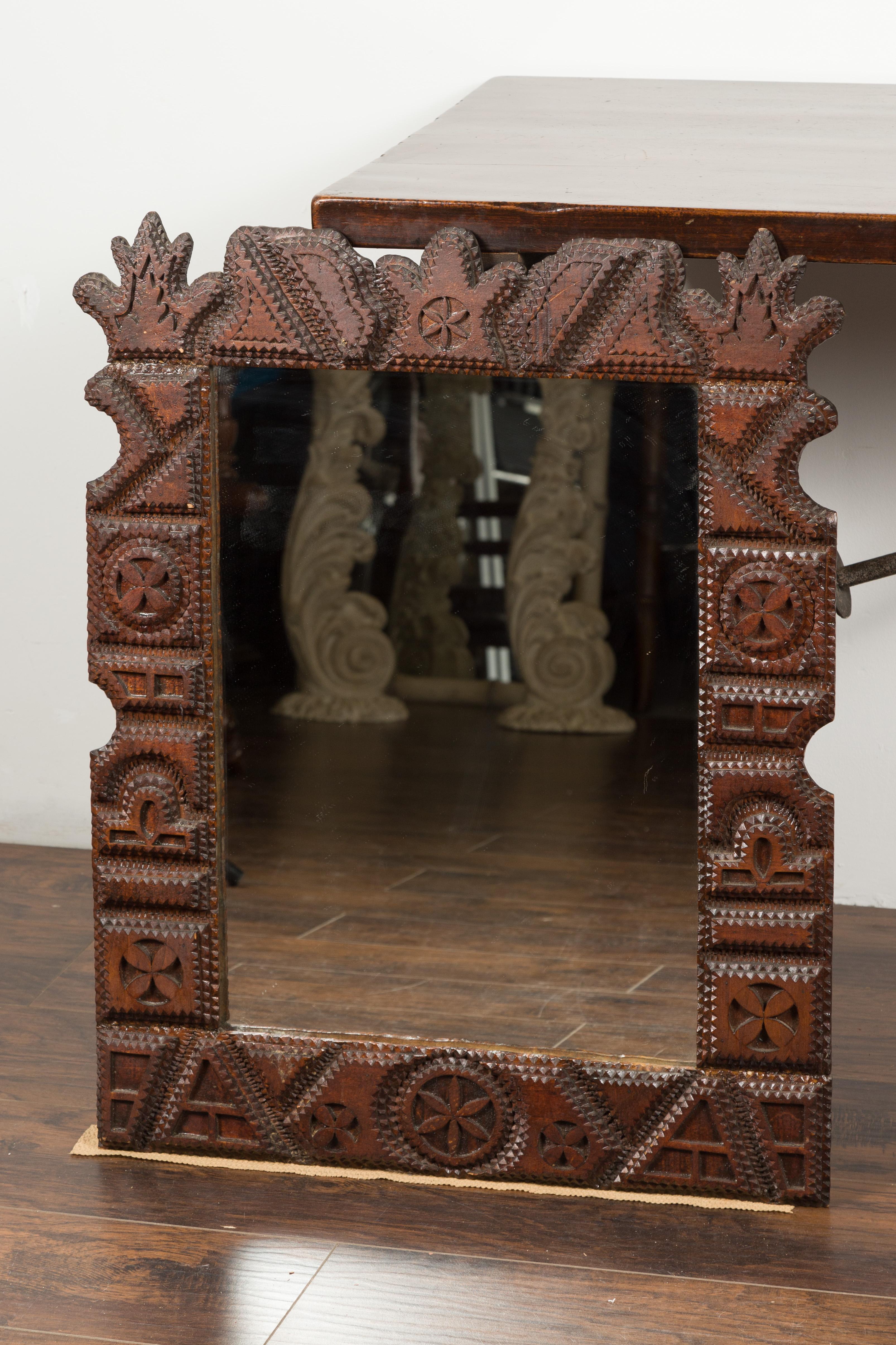 20th Century French 1900s Hand Carved Tramp Art Mirror with Geometric Motifs