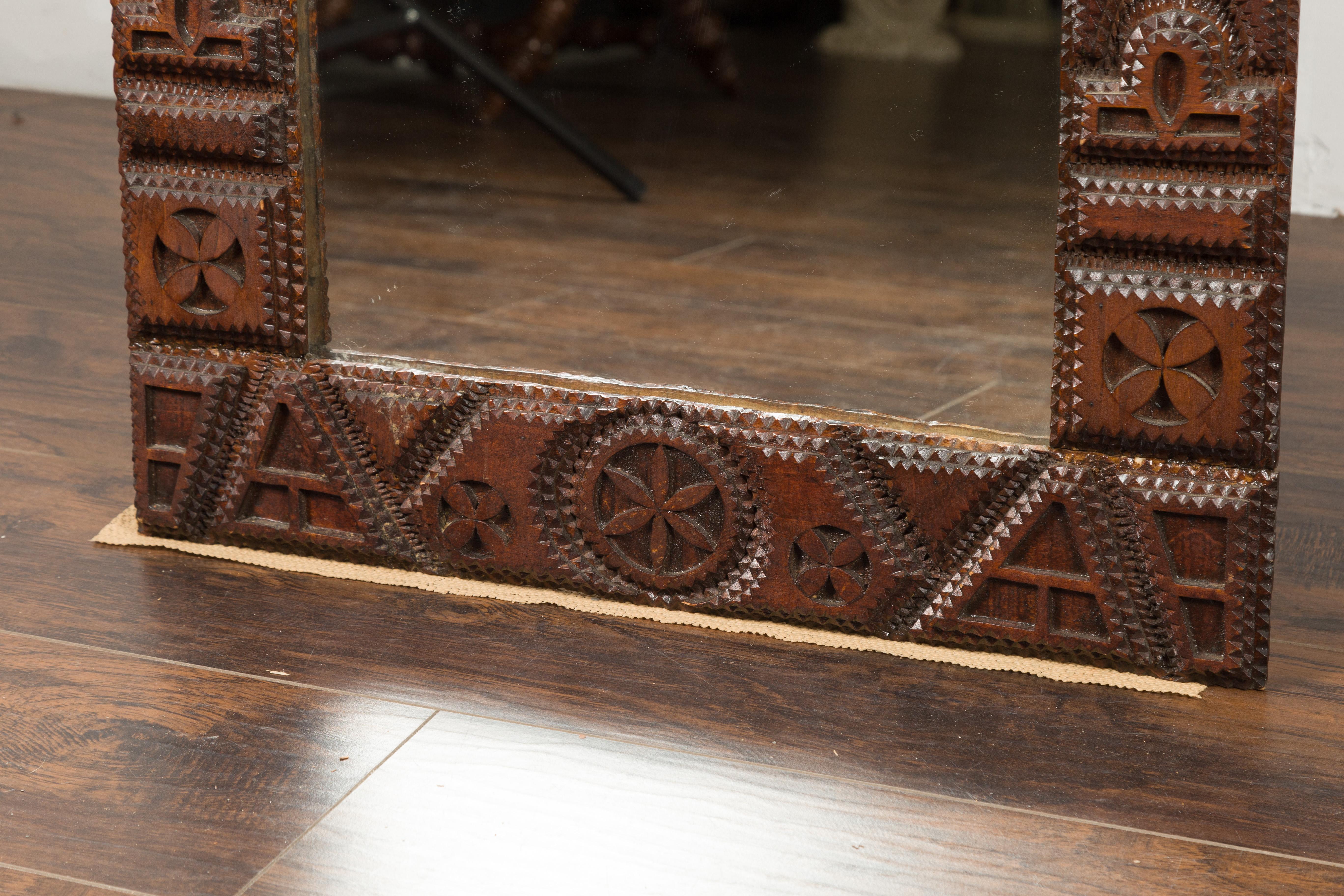 Wood French 1900s Hand Carved Tramp Art Mirror with Geometric Motifs