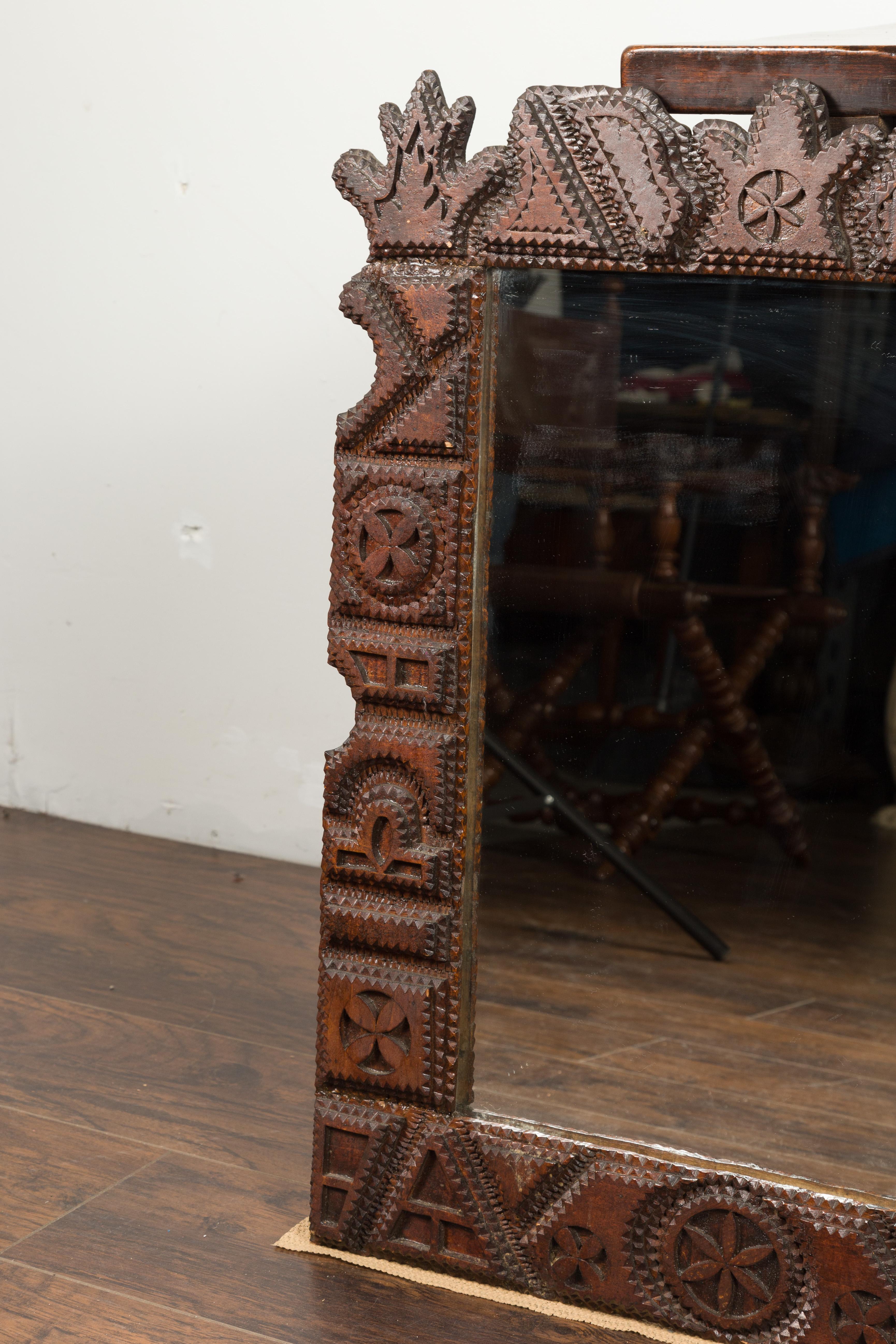 French 1900s Hand Carved Tramp Art Mirror with Geometric Motifs 2