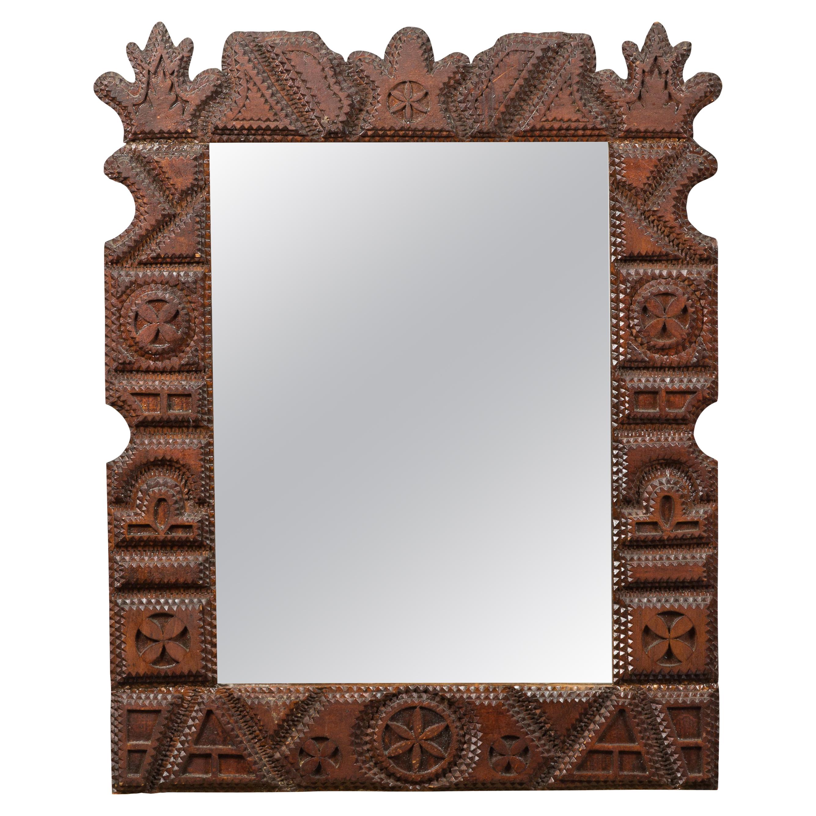 French 1900s Hand Carved Tramp Art Mirror with Geometric Motifs