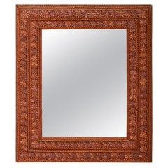 French 1900s Hand Carved Tramp Art Mirror with Raised Circular Stars