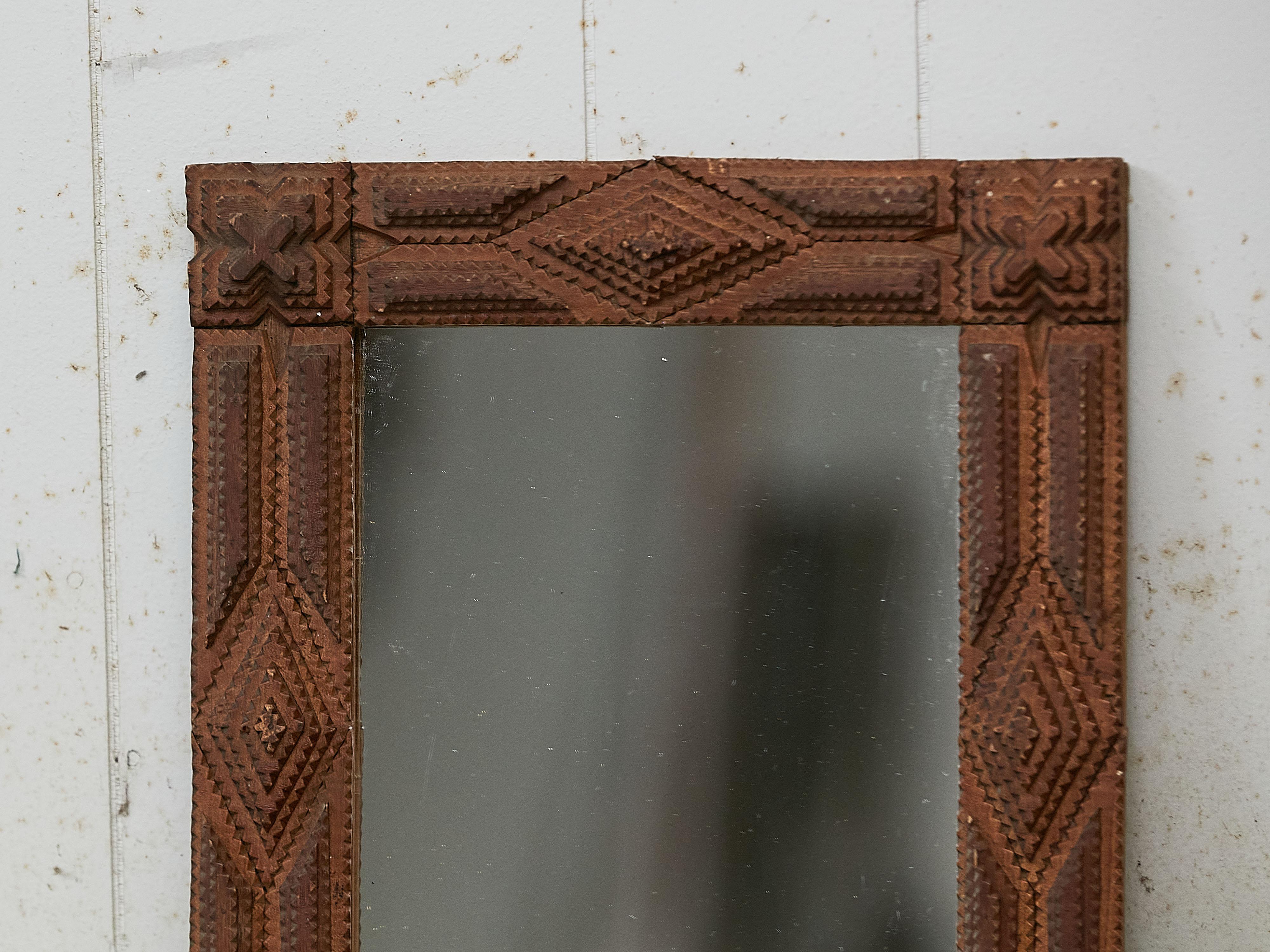 Folk Art French 1900s Hand Carved Tramp Art Mirror with Raised Diamond Motifs For Sale