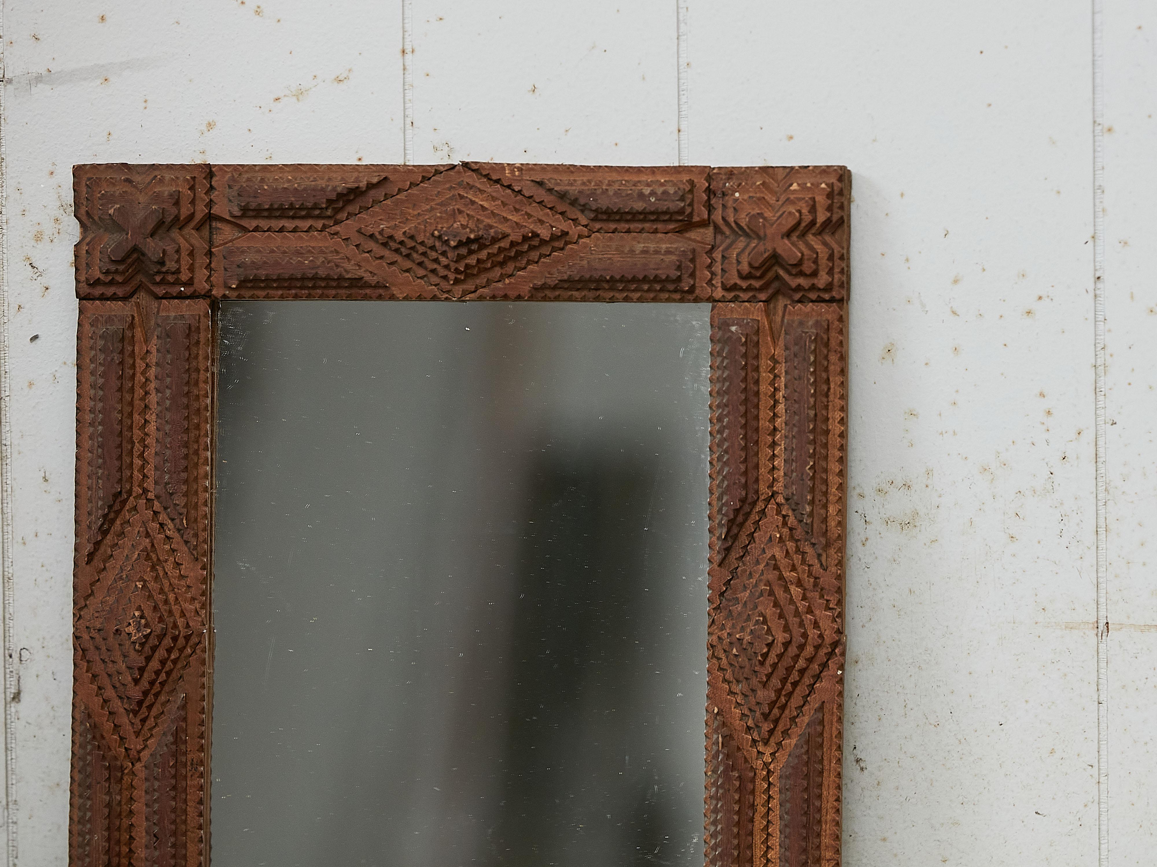 Hand-Carved French 1900s Hand Carved Tramp Art Mirror with Raised Diamond Motifs For Sale
