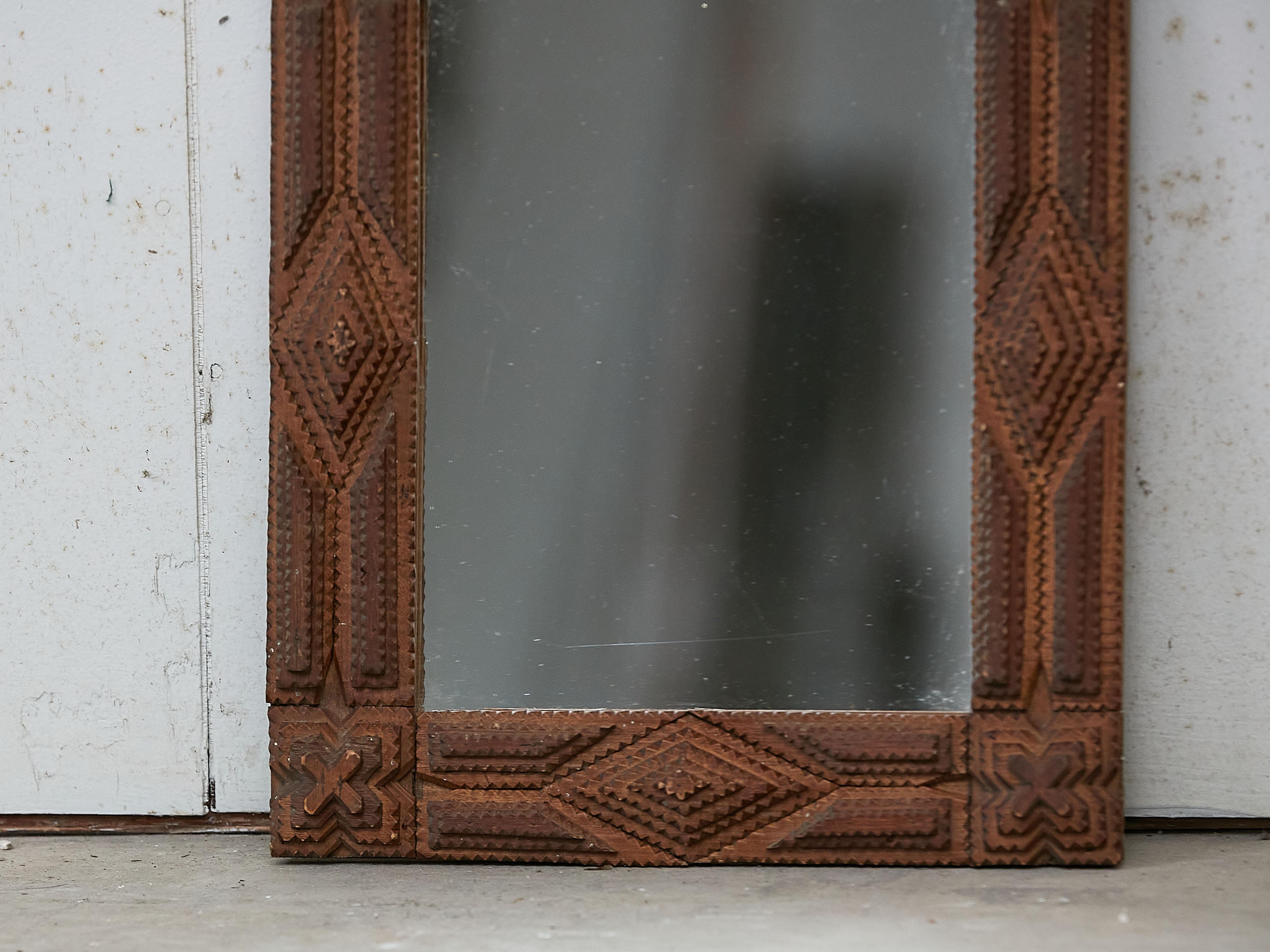 20th Century French 1900s Hand Carved Tramp Art Mirror with Raised Diamond Motifs For Sale