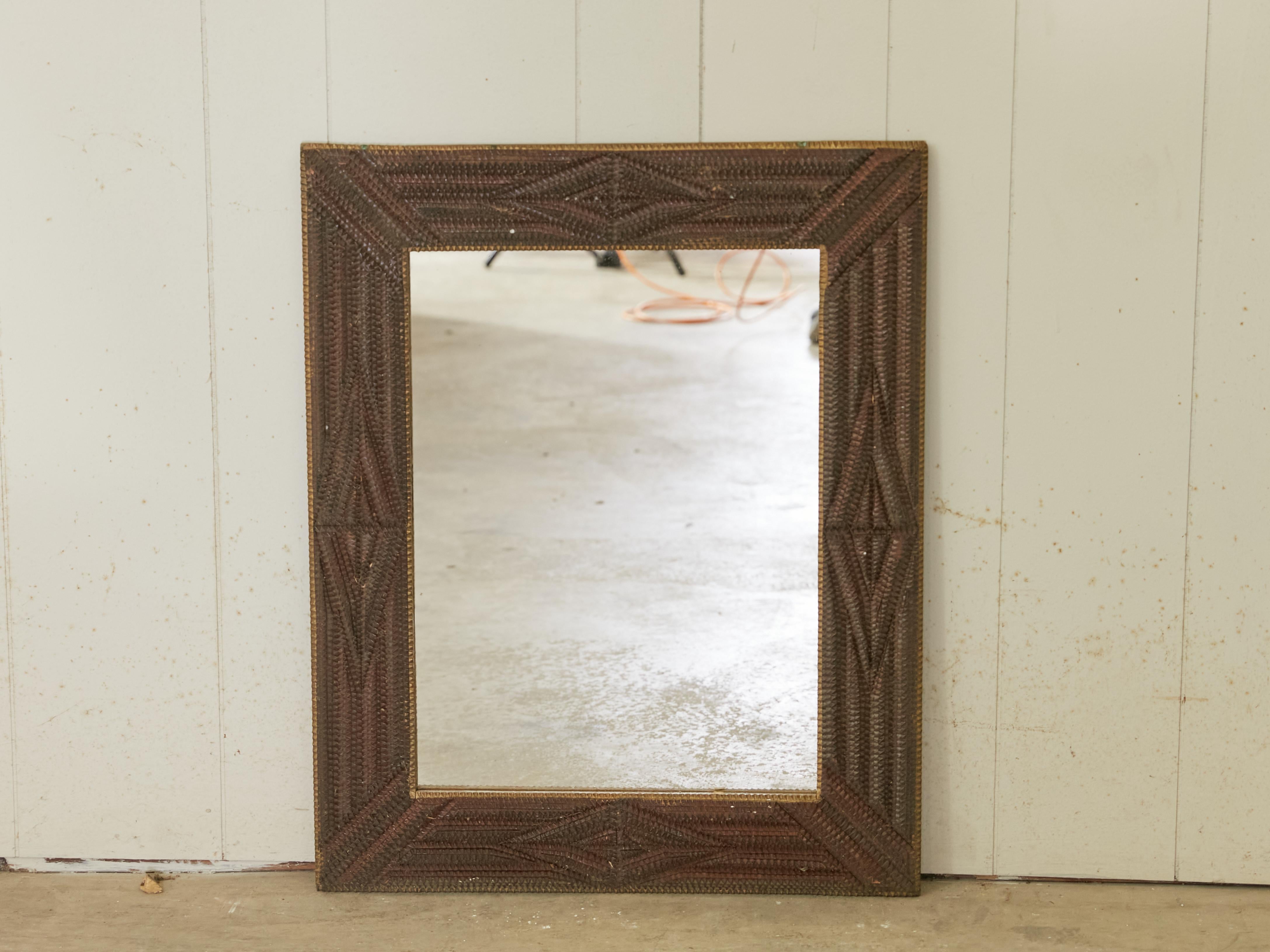 French 1900s Hand Carved Tramp Art Mirror with Raised Diamond Motifs 2