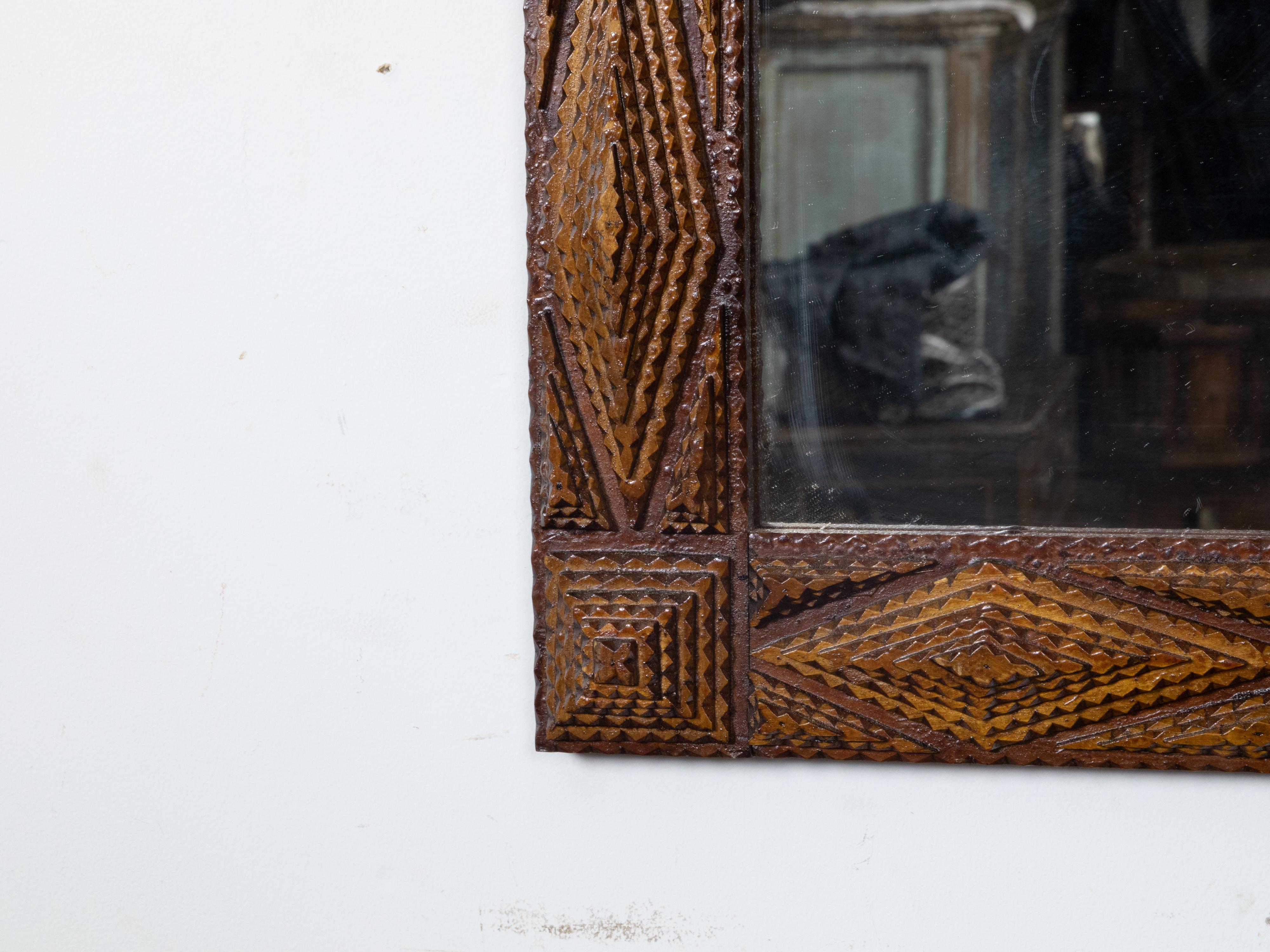 20th Century French 1900s Hand Carved Tramp Art Mirror with Raised Diamonds and Medallions