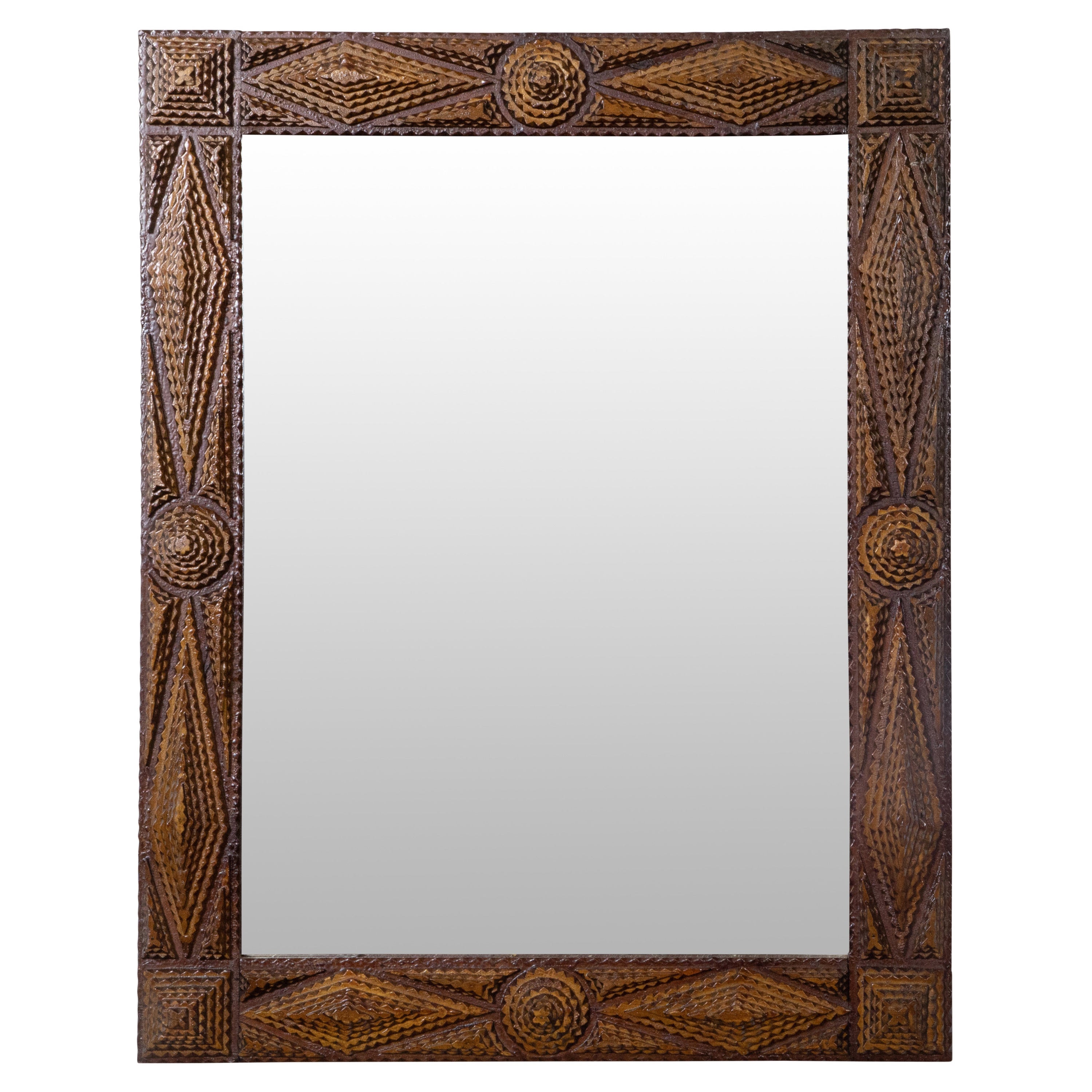 French 1900s Hand Carved Tramp Art Mirror with Raised Diamonds and Medallions