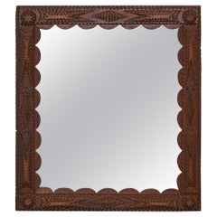 French 1900s Hand Carved Tramp Art Mirror with Raised Geometric Motifs