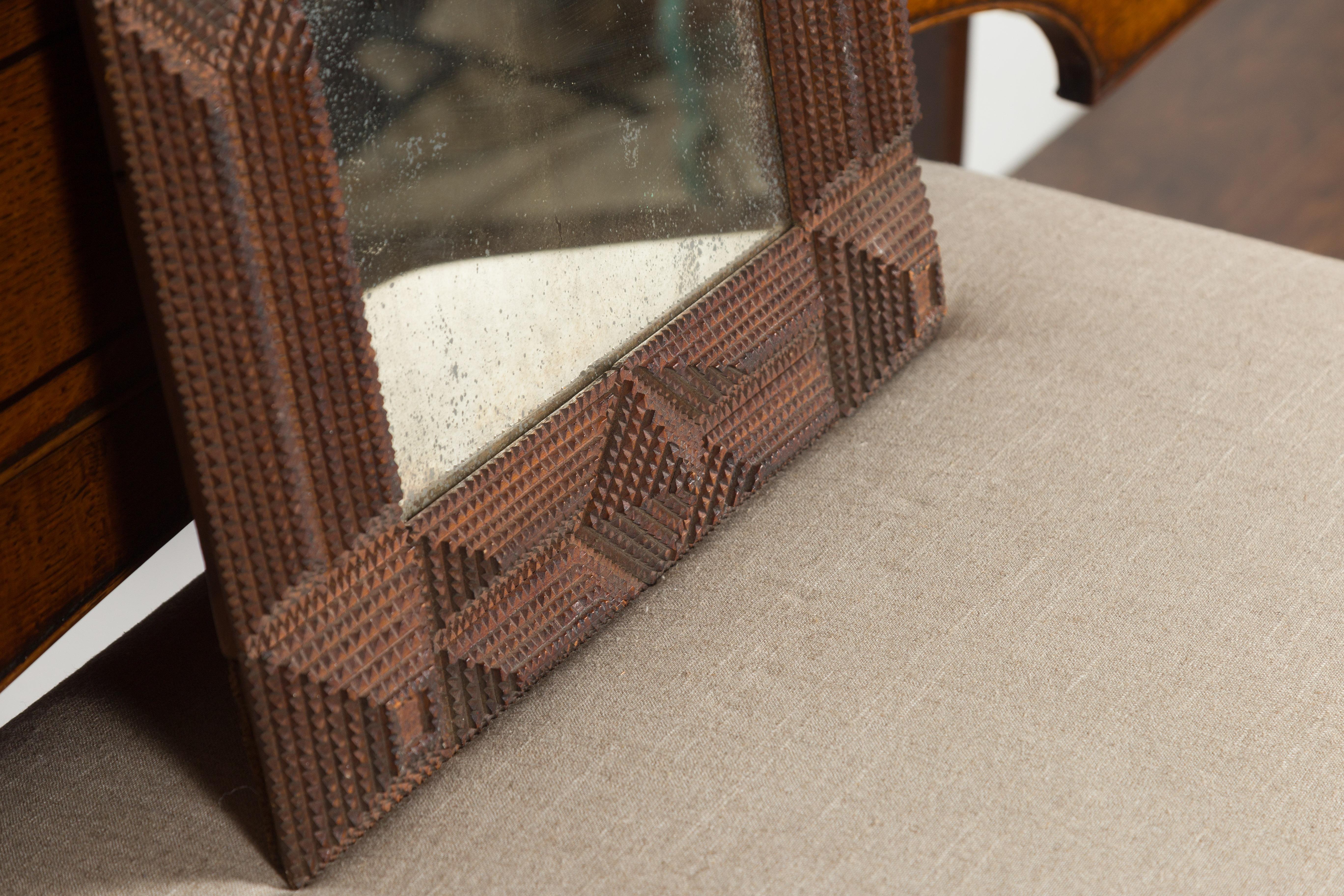 French 1900s Hand Carved Tramp Art Mirror with Raised Pyramidal Motifs 5