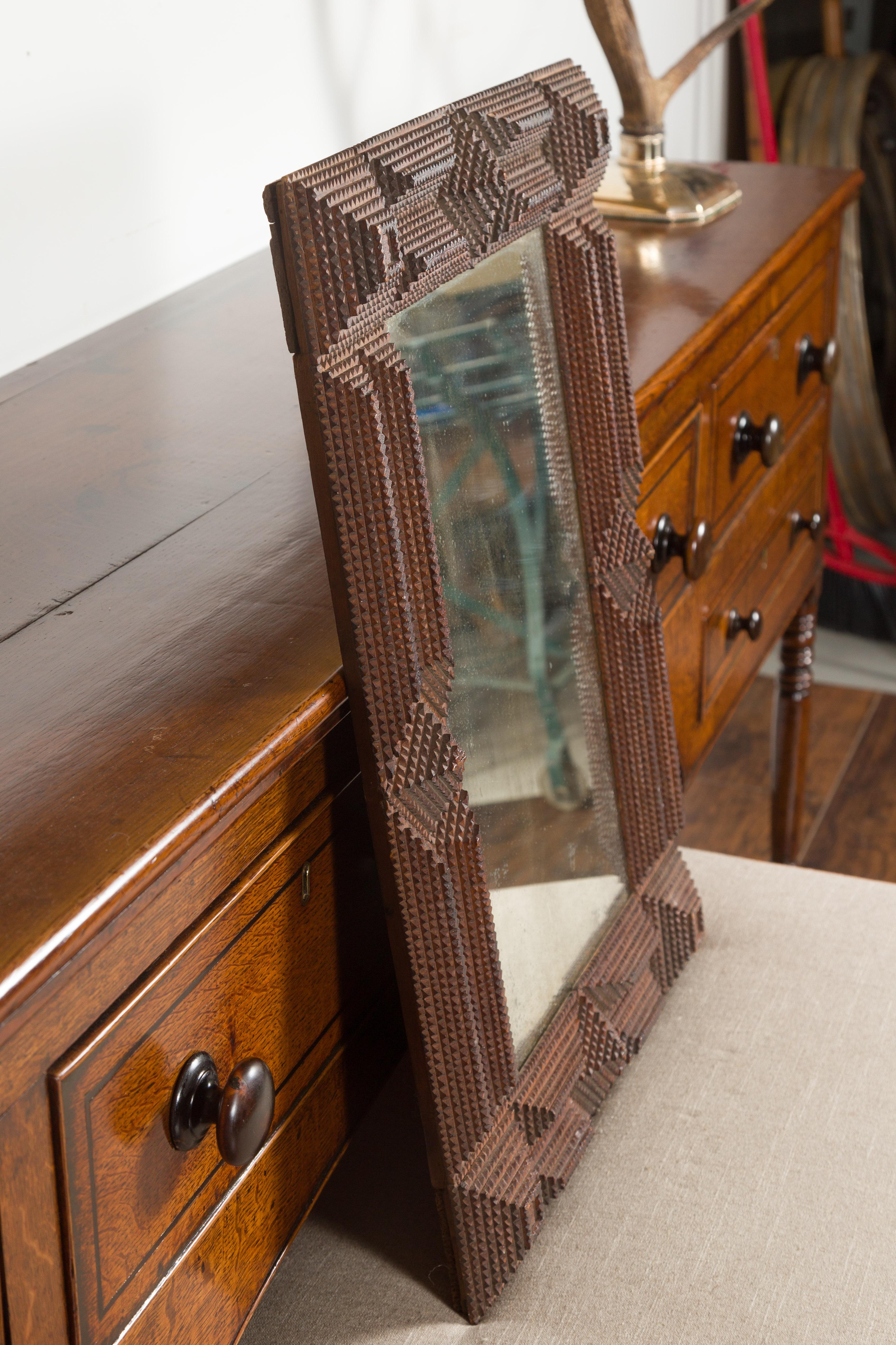 French 1900s Hand Carved Tramp Art Mirror with Raised Pyramidal Motifs 7