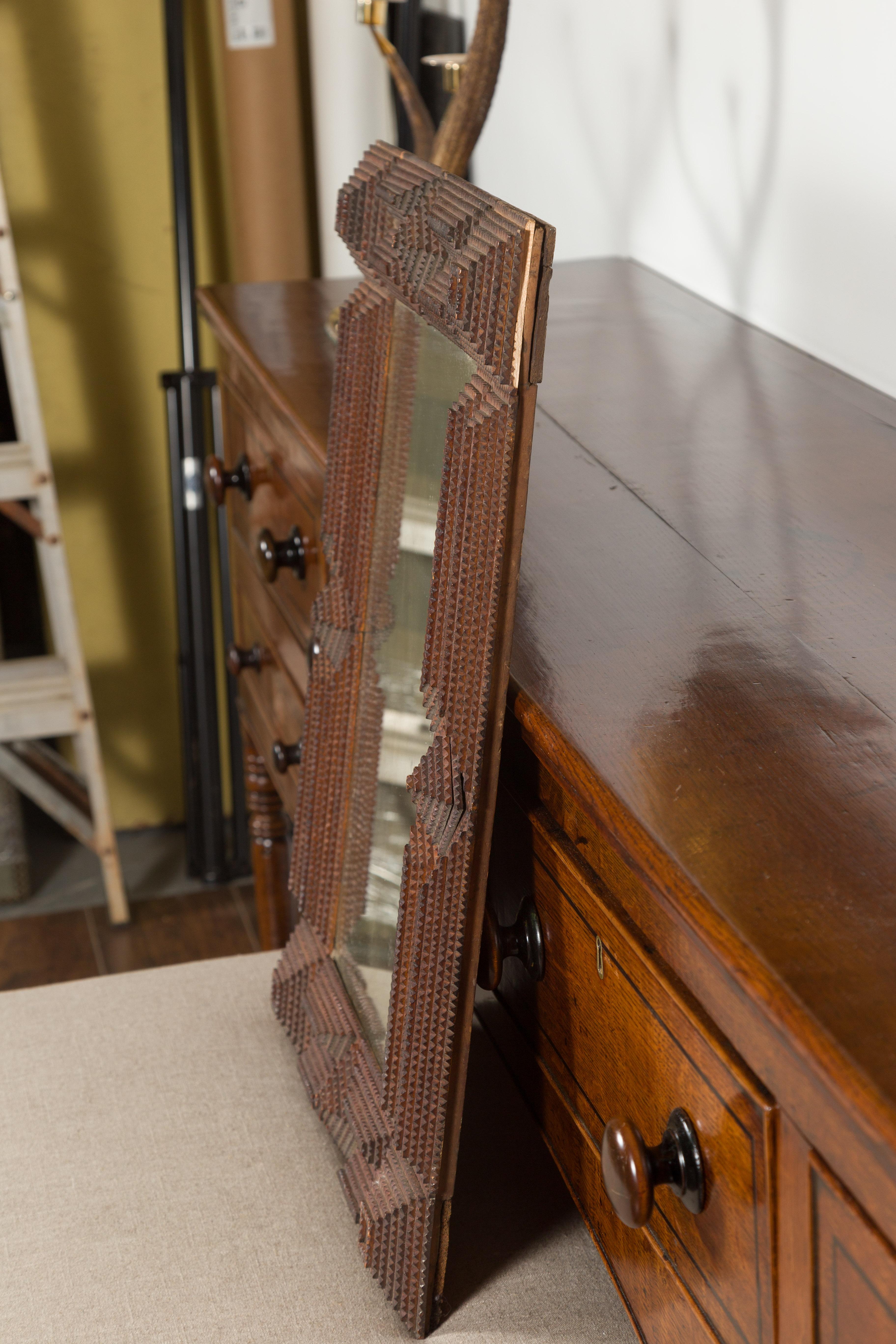 French 1900s Hand Carved Tramp Art Mirror with Raised Pyramidal Motifs 8