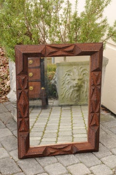 French 1900s Hand Carved Tramp Art Mirror with Raised Pyramidal Motifs