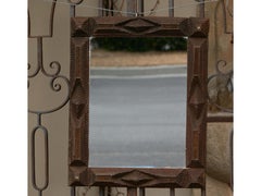 French 1900s Hand Carved Tramp Art Mirror with Raised Pyramidal Motifs