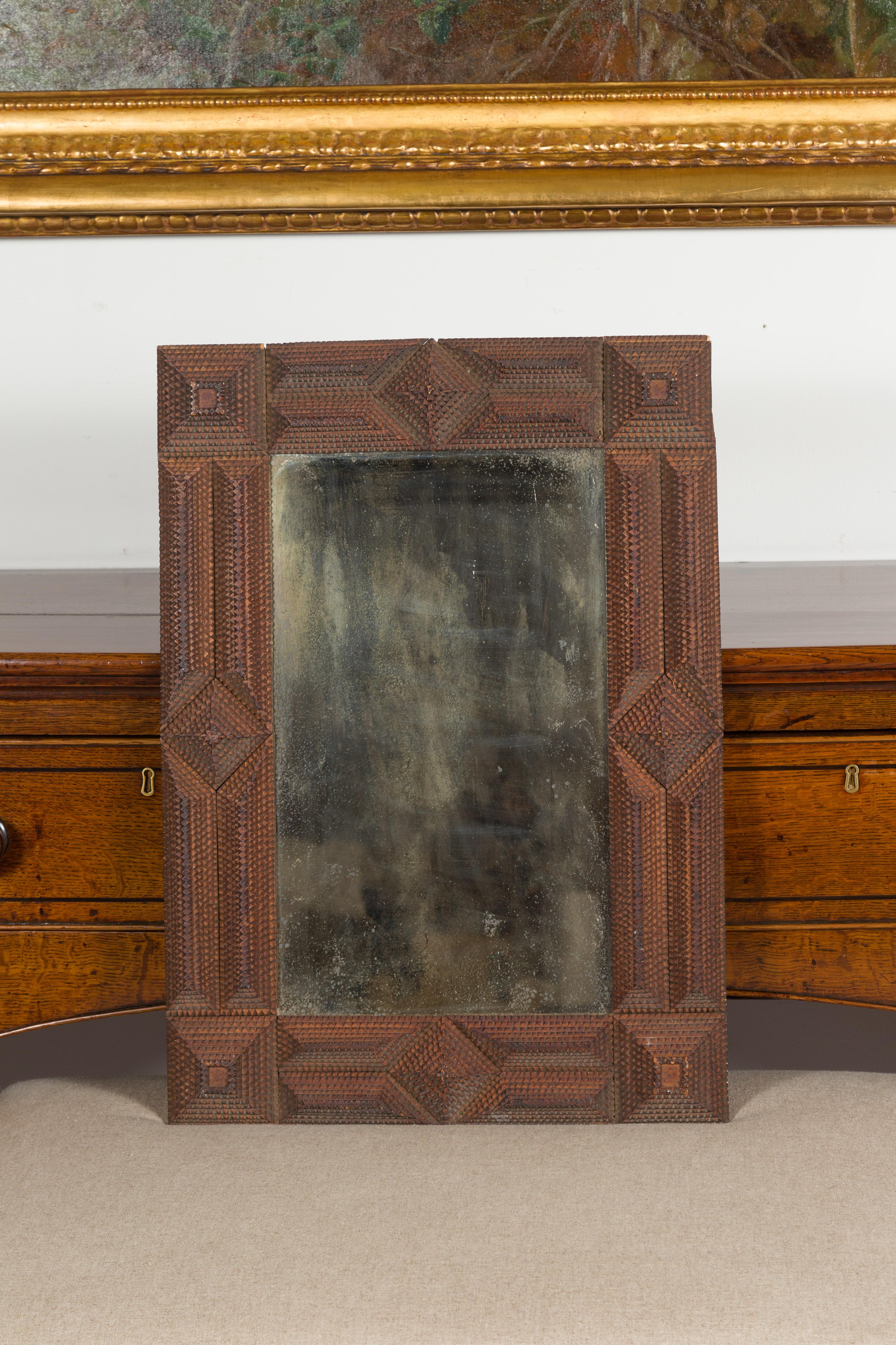 Hand-Carved French 1900s Hand Carved Tramp Art Mirror with Raised Pyramidal Motifs