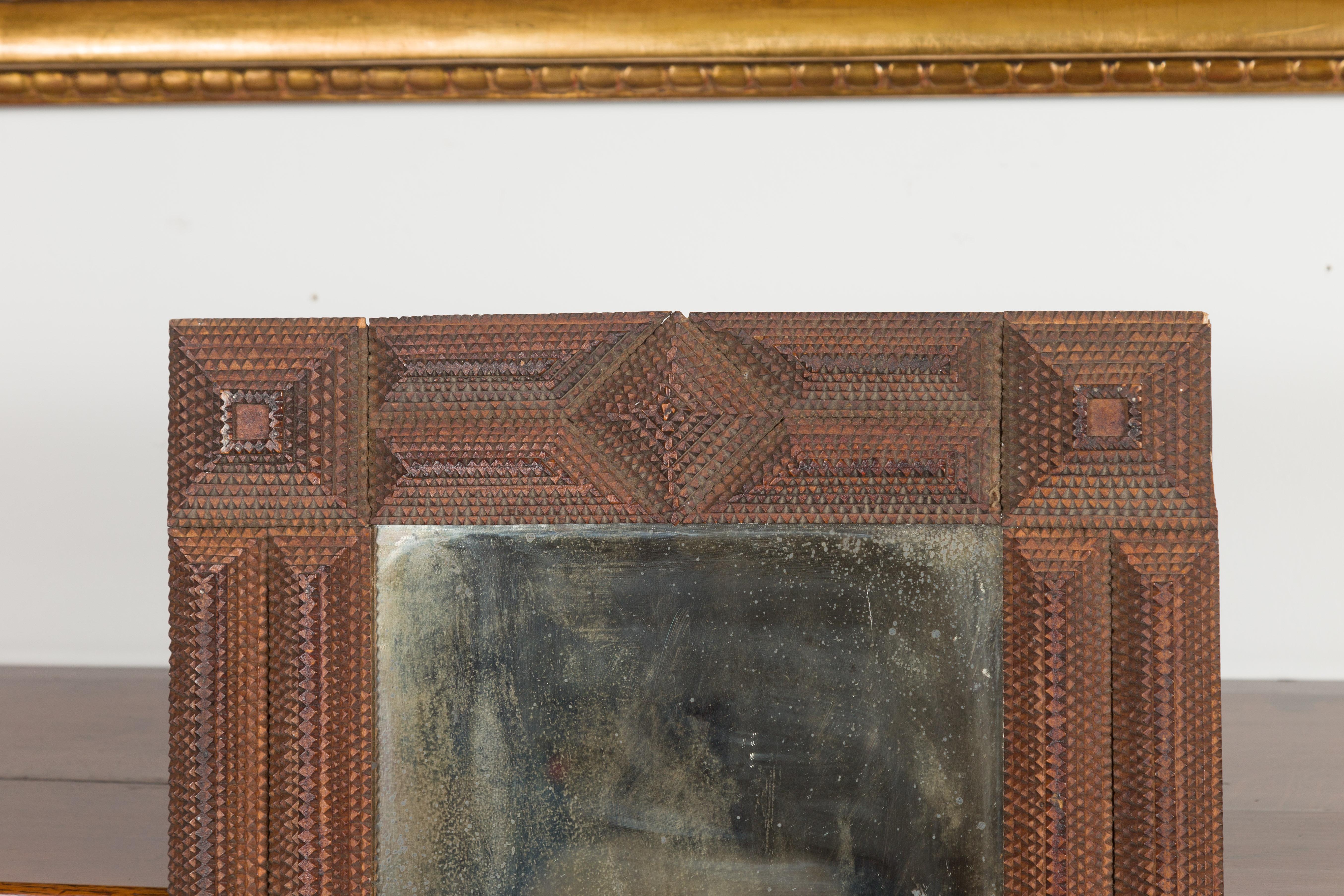 French 1900s Hand Carved Tramp Art Mirror with Raised Pyramidal Motifs In Good Condition In Atlanta, GA