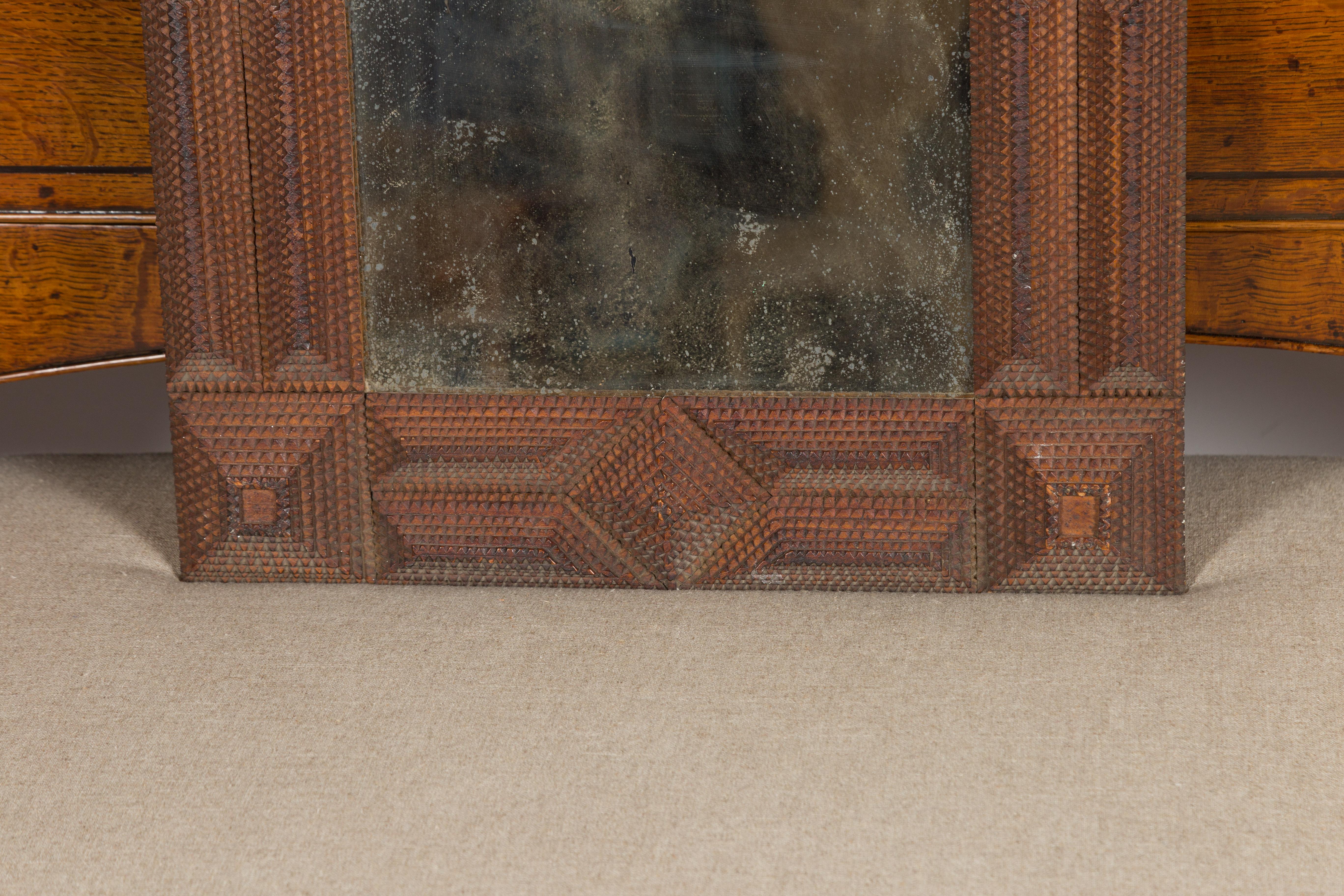 20th Century French 1900s Hand Carved Tramp Art Mirror with Raised Pyramidal Motifs