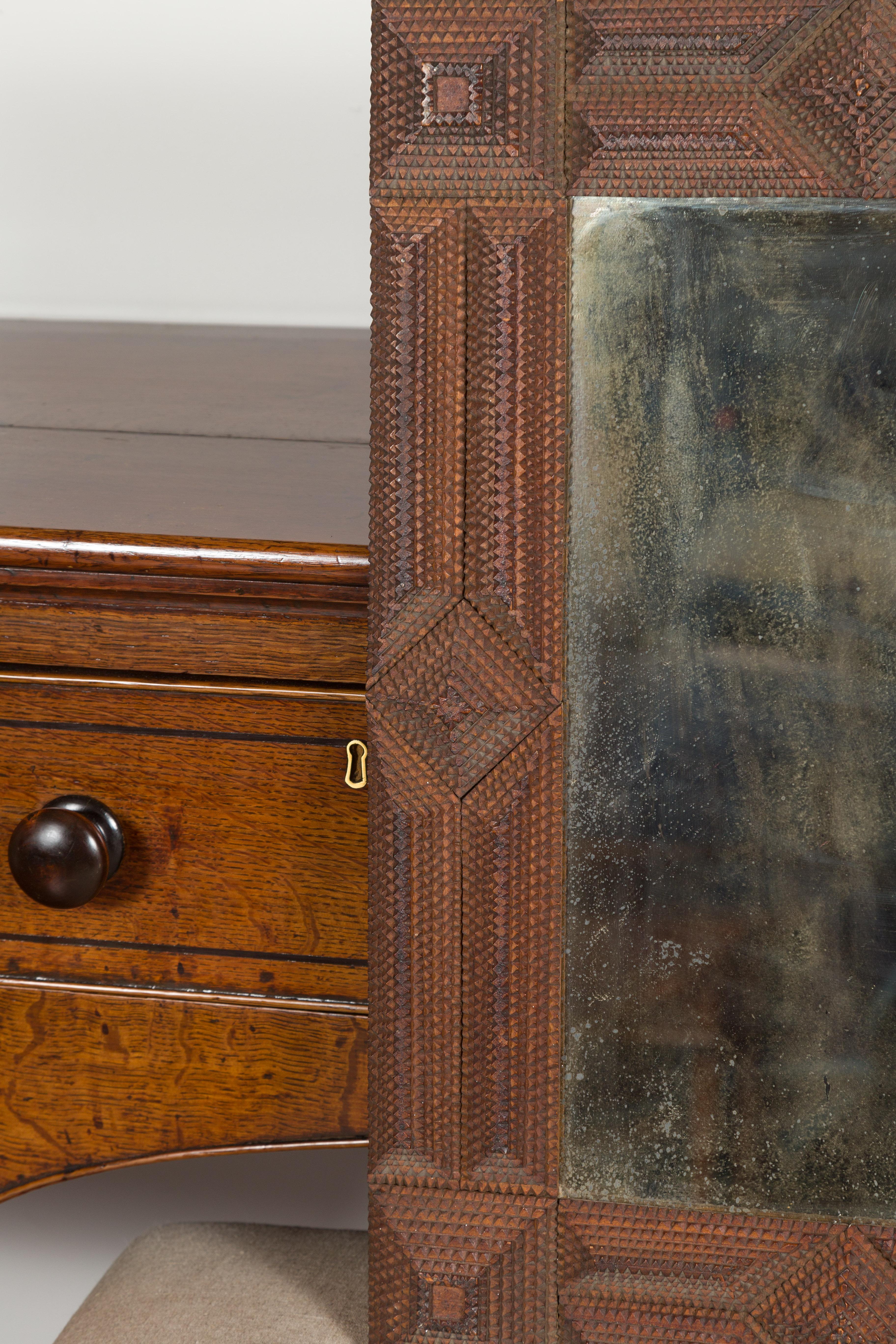 French 1900s Hand Carved Tramp Art Mirror with Raised Pyramidal Motifs 1