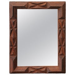 French 1900s Hand Carved Tramp Art Mirror with Raised Pyramidal Motifs