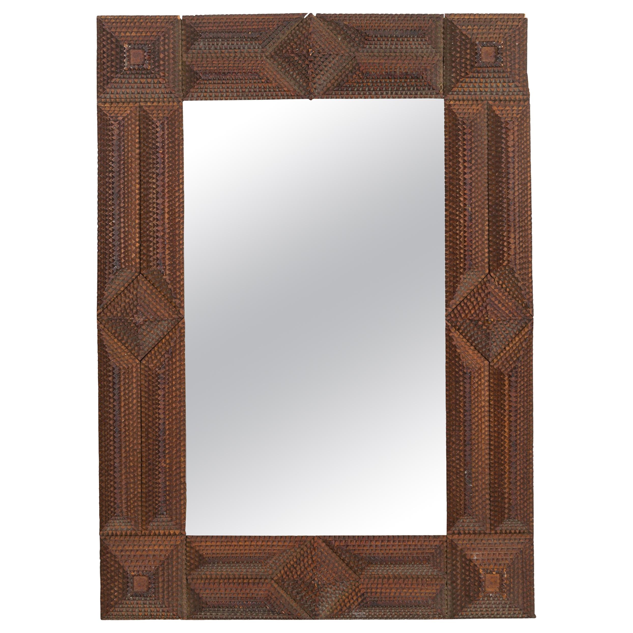 French 1900s Hand Carved Tramp Art Mirror with Raised Pyramidal Motifs