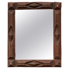 French 1900s Hand Carved Tramp Art Mirror with Raised Pyramidal Motifs